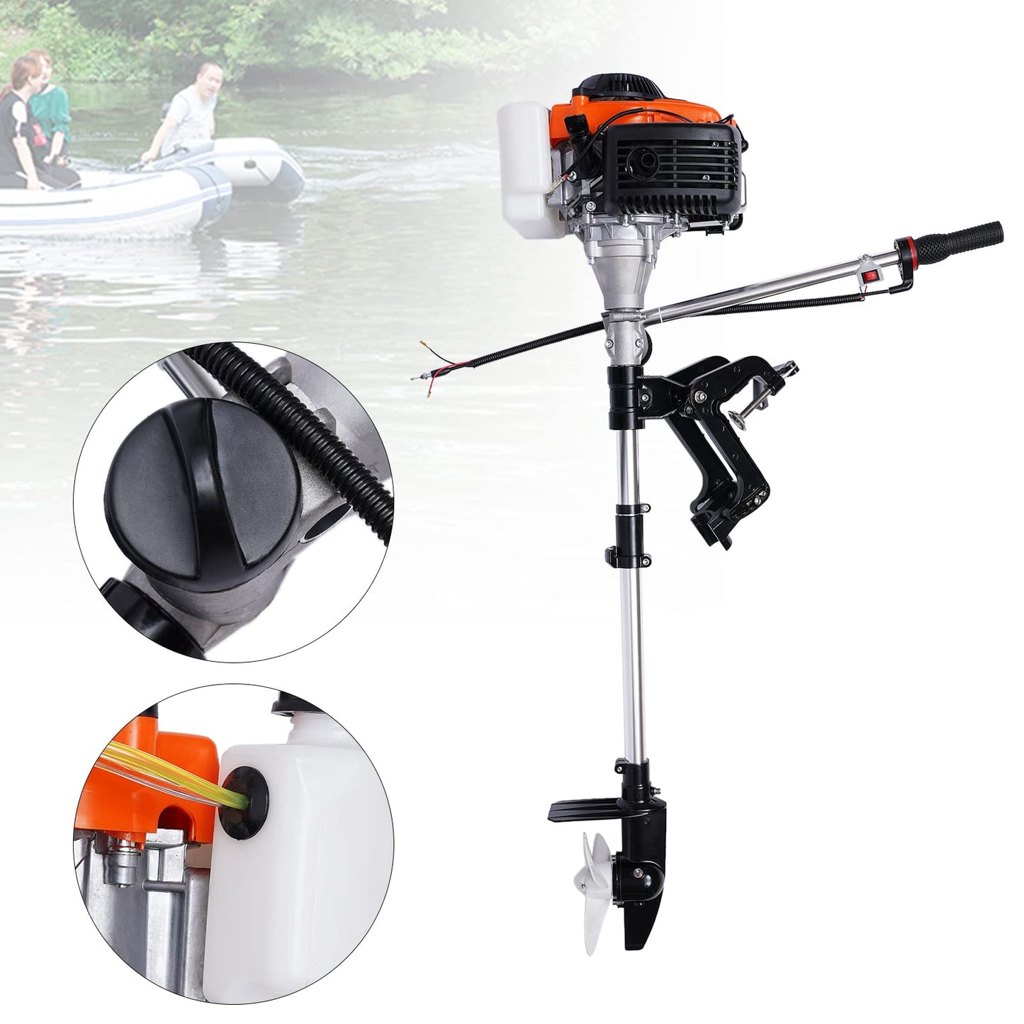 2-Stroke 3.5HP Outboard Motor, 49CC Gas Powered Fishing Marine Heavy Duty Boat Engine, Short Shaft Tiller Control Half Water-cooling Air-cooling CDI Ignition System for Inflatable Yachts Canoes Boat