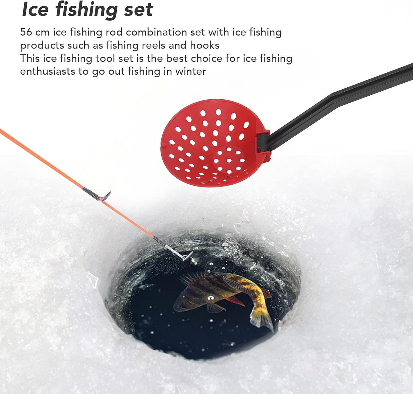 PerGar Ice Fishing Rod Reel Combo, Carbon Fiber Rod, 56cm, Ice Casting, Adult, Fish, 9.1oz, 8lb Monofilament Line, Medium Power, Includes Rod Handle, Reel, Hook Storage Box, Spoon, 10 Hooks