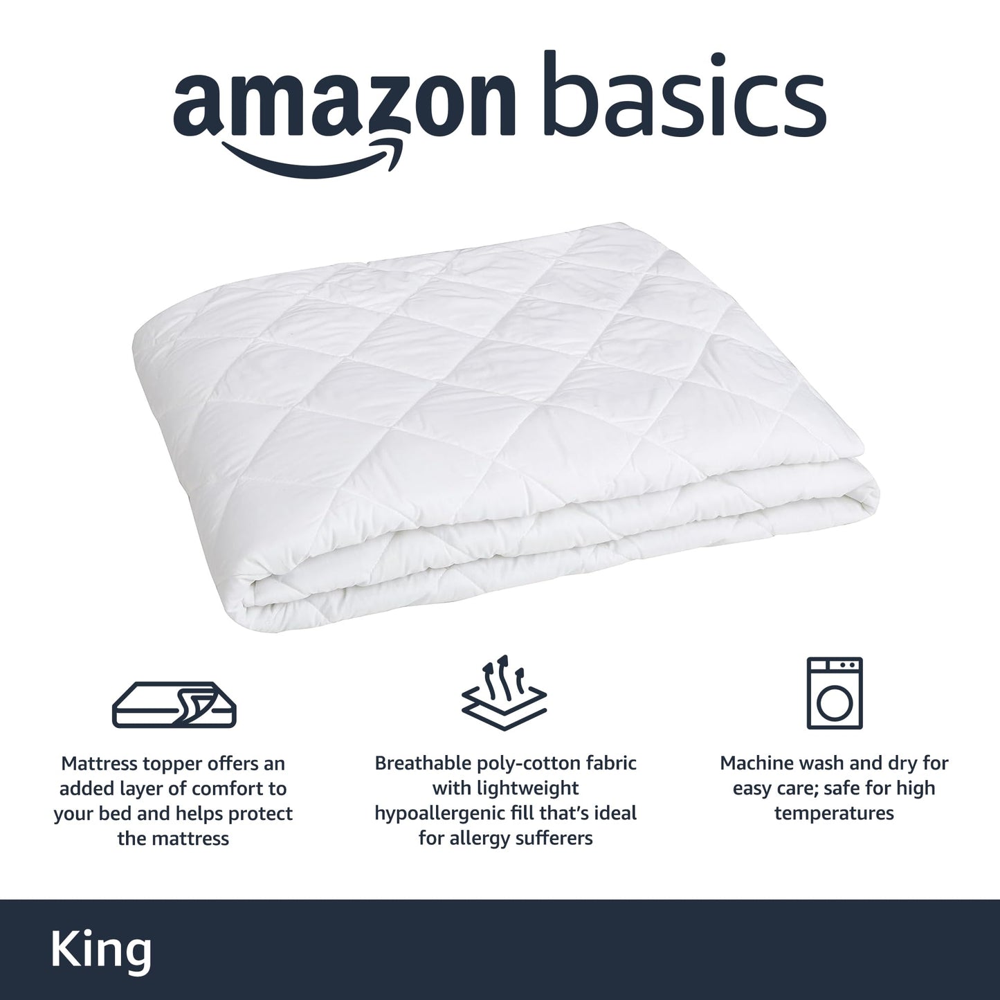 Amazon Basics Hypoallergenic Quilted Breathable Mattress Topper Pad with Protection, 18 Inches Deep, King Size, White