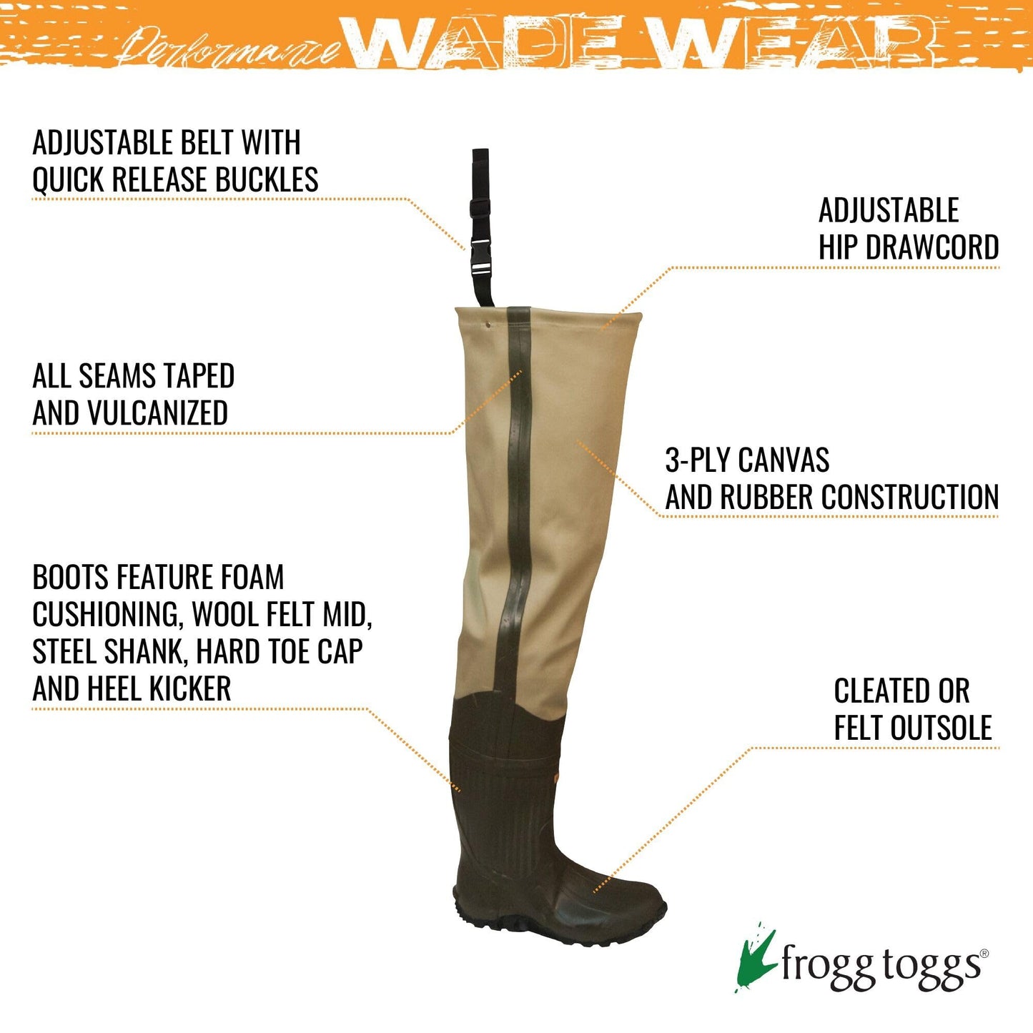 FROGG TOGGS Bull Frogg 3-ply PVC Canvas Waterproof Fishing Bootfoot Hip Wader for Fishing, Cleated or Felt, Cleated, 10
