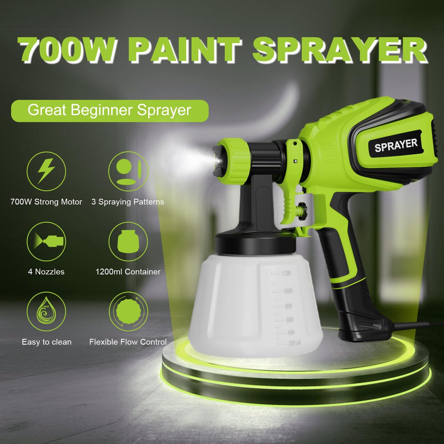 Paint Sprayer, 700W HVLP Spray Gun with Cleaning & Blowing Joints, 4 Nozzles and 3 Patterns, Easy to Clean, for Furniture, Cabinets, Fence, Walls, Door, Garden Chairs etc. VF803