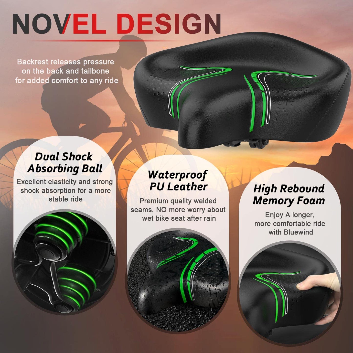 BLUEWIND Oversized Bike Seat, Wide Bicycle Saddle Novel Backrest Design for Electric Bike, Universal Fit Exercise Bike or Road Stationary Bike Seat Cushion for Men & Women