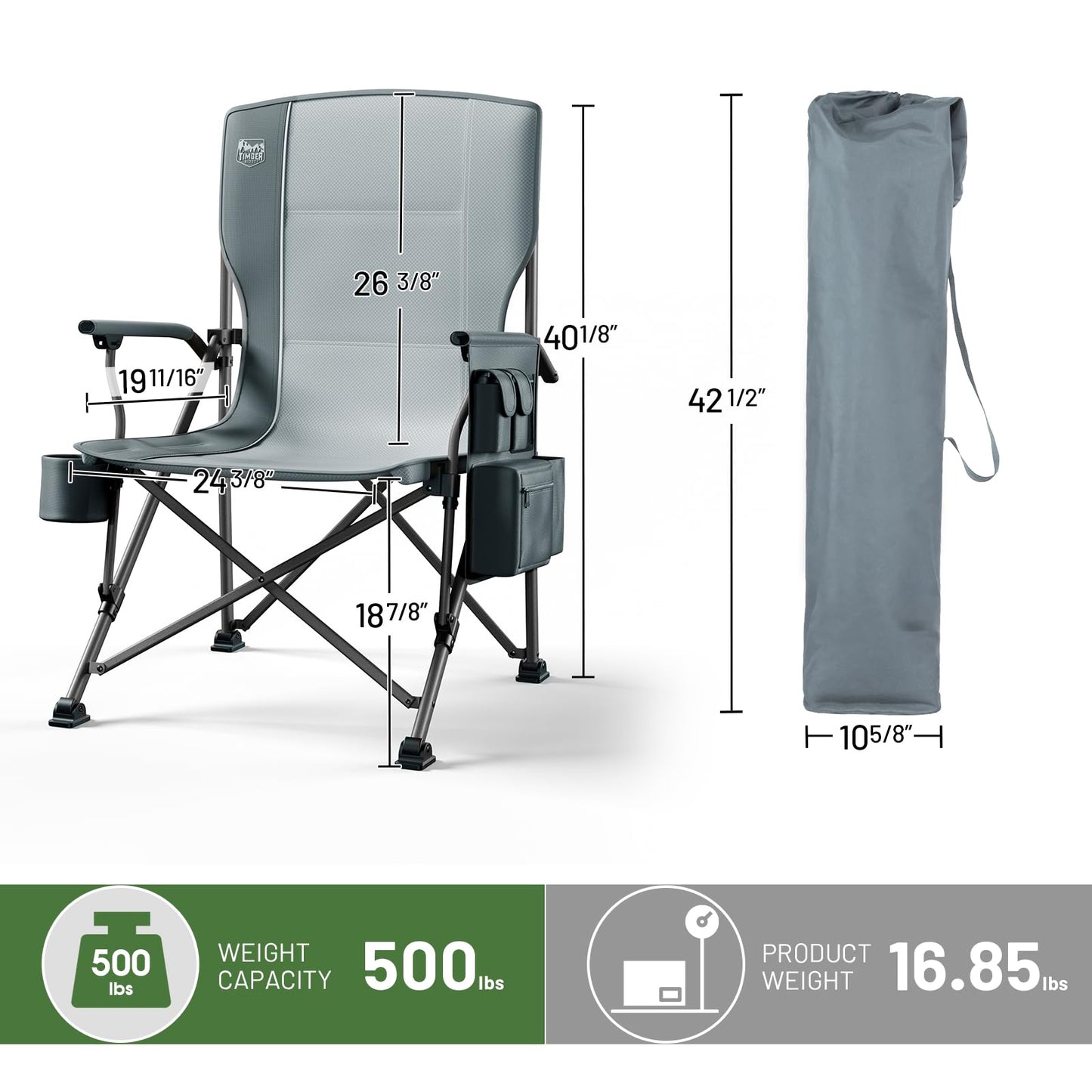 TIMBER RIDGE Oversized Folding Camping Chair High Back Heavy Duty for Adults Support up to 500lbs with Cup Holder, Side Pocket Cooler Bag