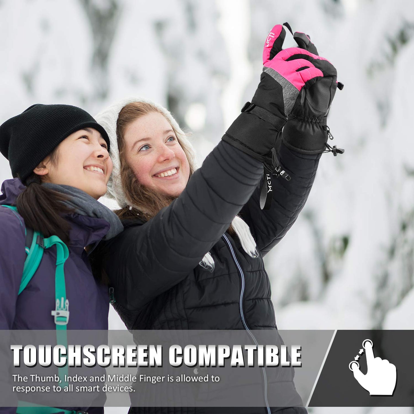 MCTi Ski Gloves,Winter Waterproof Snowboard Snow 3M Thinsulate Warm Touchscreen Cold Weather Women Gloves Wrist Leashes Rose Red Medium