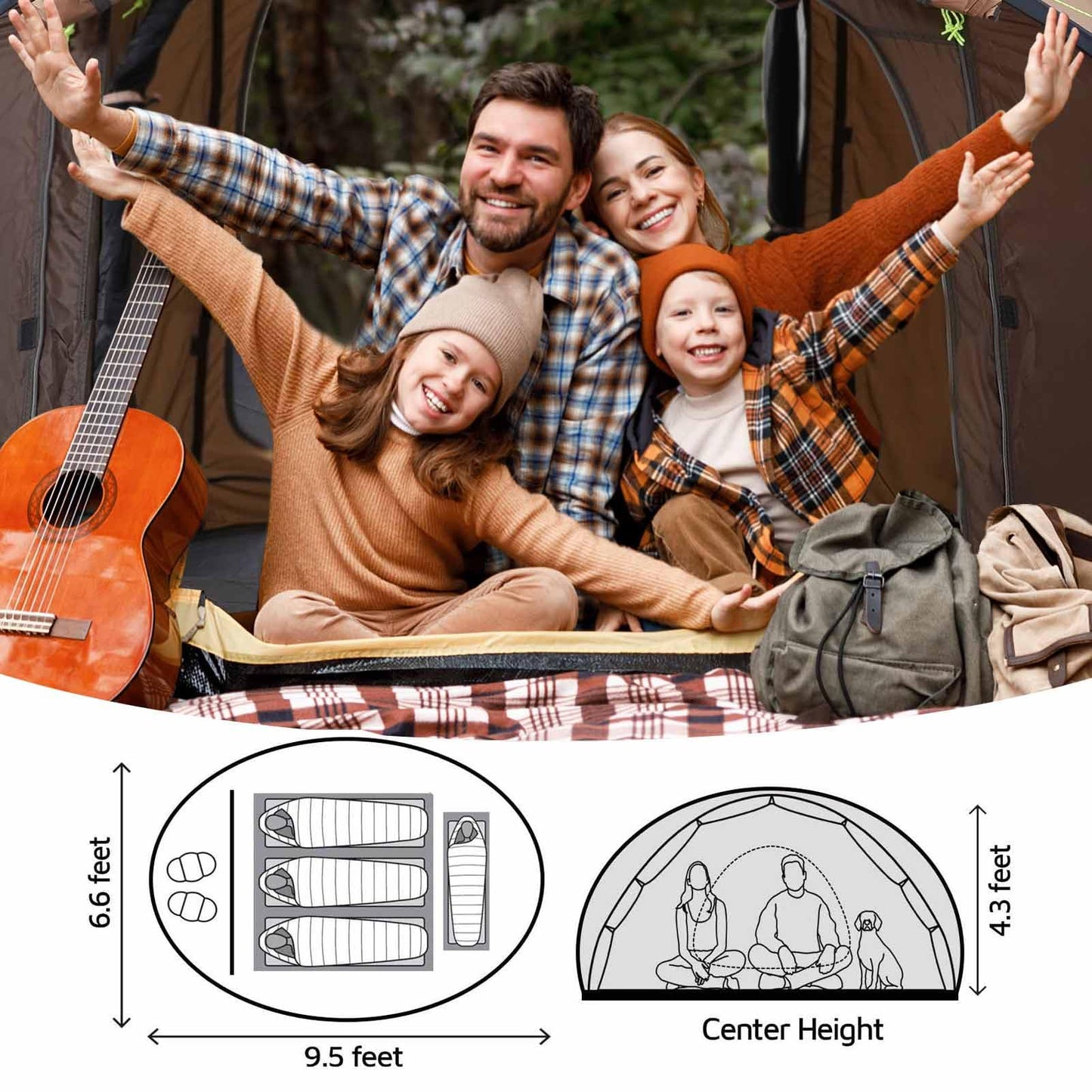 4 Person Easy Pop Up Tent,9.5’X6.6’X52'',Waterproof, Automatic Setup,2 Doors-Instant Family Tents for Camping, Hiking & Traveling