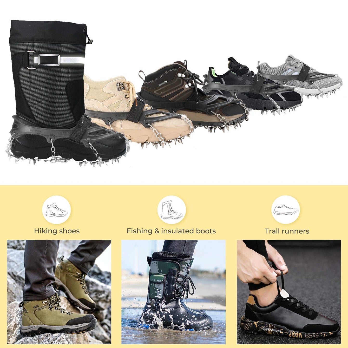 Sportneer Crampons, Traction Cleats Ice Snow Grips with 19 Stainless Steel Spikes, Ice Cleats Traction Snow Grips for Boots Shoes, Crampons Ice Cleats for Women Men Hiking Jogging Climbing And Fishing