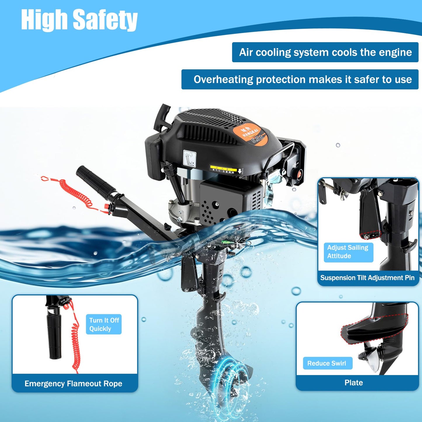 52cc Single Cylinder Gas 2.3HP Outboard Motor, Long Shaft with Air Cooling for Inflatable, Rubber, Fishing Boats, Yachts, Water Sports