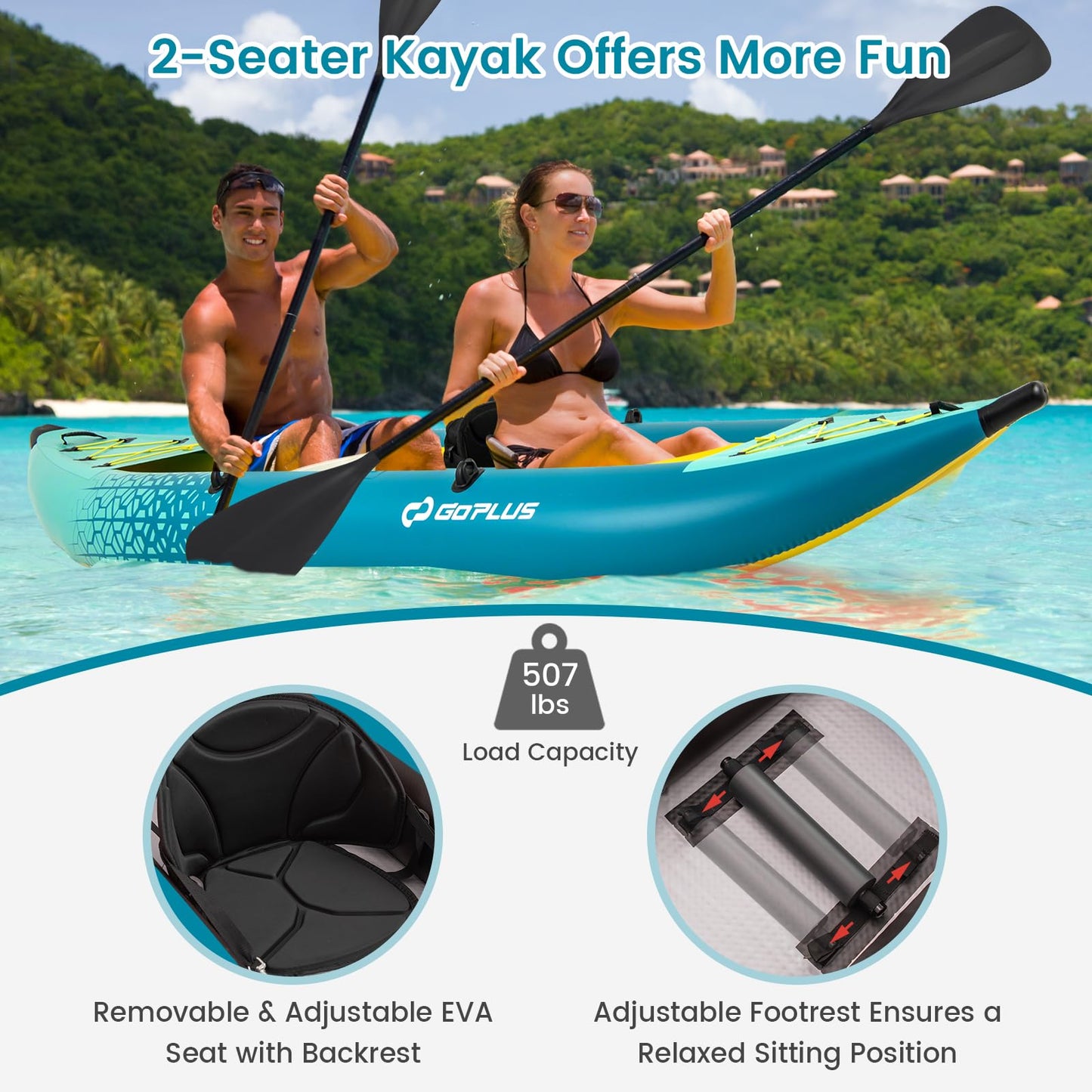 Goplus Inflatable Kayak, 2-Person Kayak Set for Adults with 507 LBS Weight Capacity, 2 Aluminium Oars, EVA Padded Seat, 2 Fins, Hand Pump, Carry Bag, Repair Kit, Portable Touring Kayaks