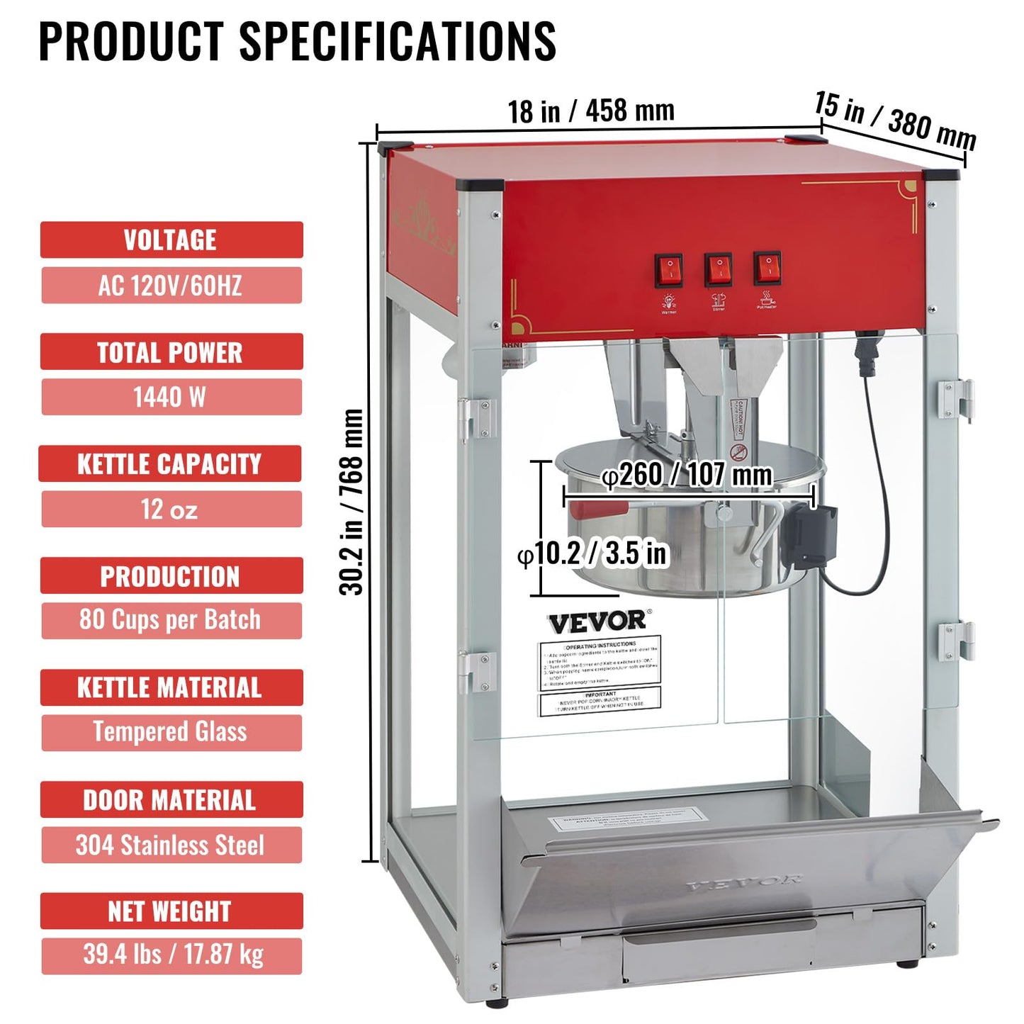 VEVOR Commercial Popcorn Machine, 8 Oz Kettle, 850 W Countertop Popcorn Maker for 48 Cups per Batch, Theater Style Popper with 3-Switch Control Steel Frame Tempered Glass Doors 2 Scoops 2 Spoons, Red
