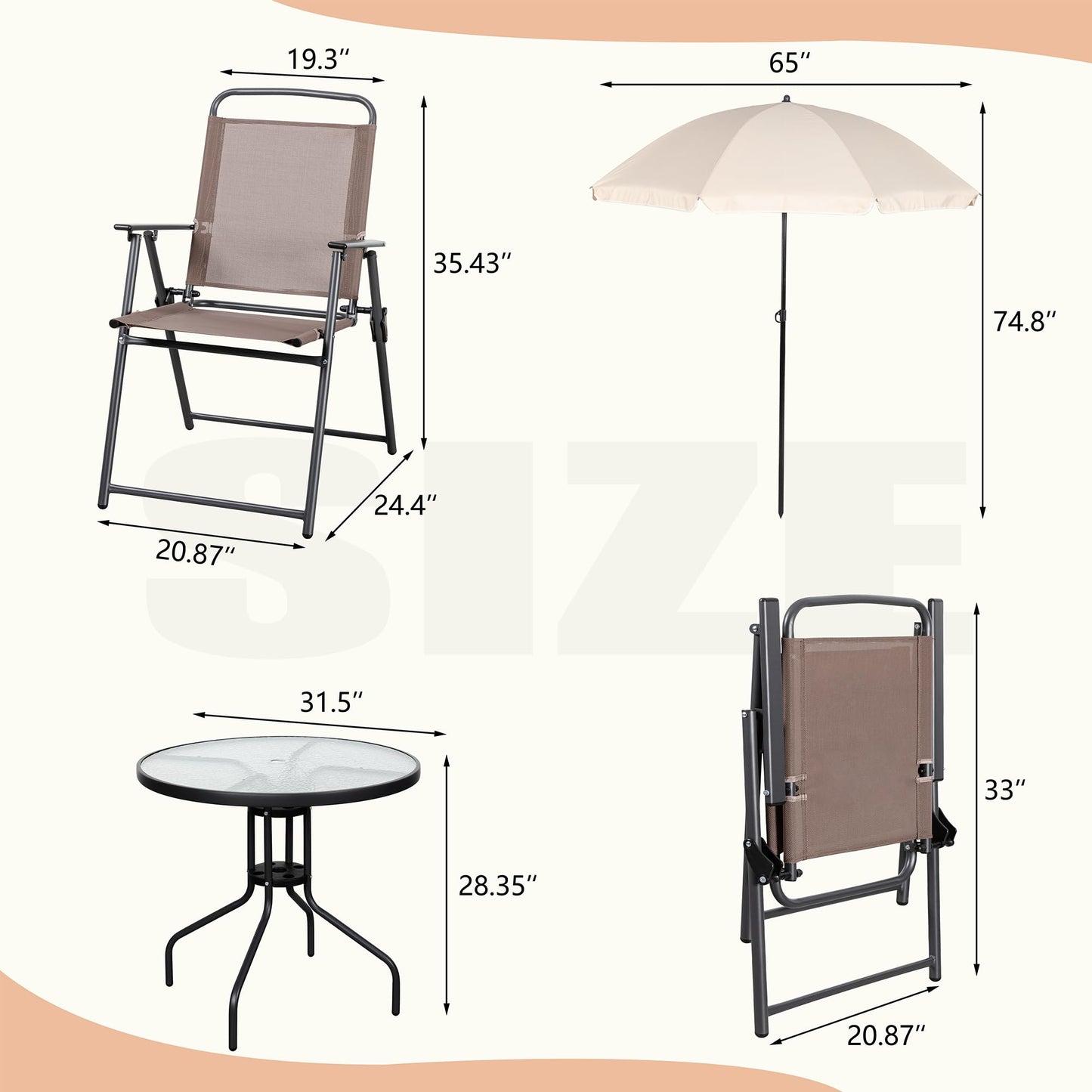 Vongrasig 6 Piece Folding Patio Dining Set,Small Metal Outdoor Garden Patio Table and Chair Set w/Umbrella for Lawn,Deck,Backyard,Black