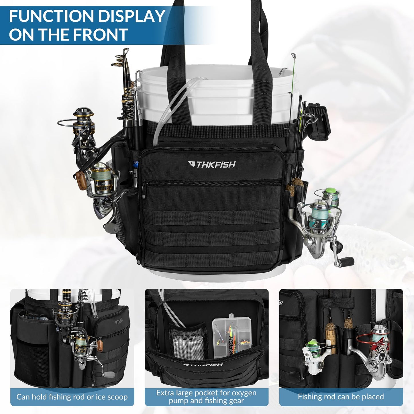 THKFISH Fishing Bucket Organizer for 5 Gallon Bucket, Ice Fishing Bucket Bag with Rod & Plier Holder, Adjustable Fish Protection Bucket Bag with Multi-Pockets for Fishing Gear