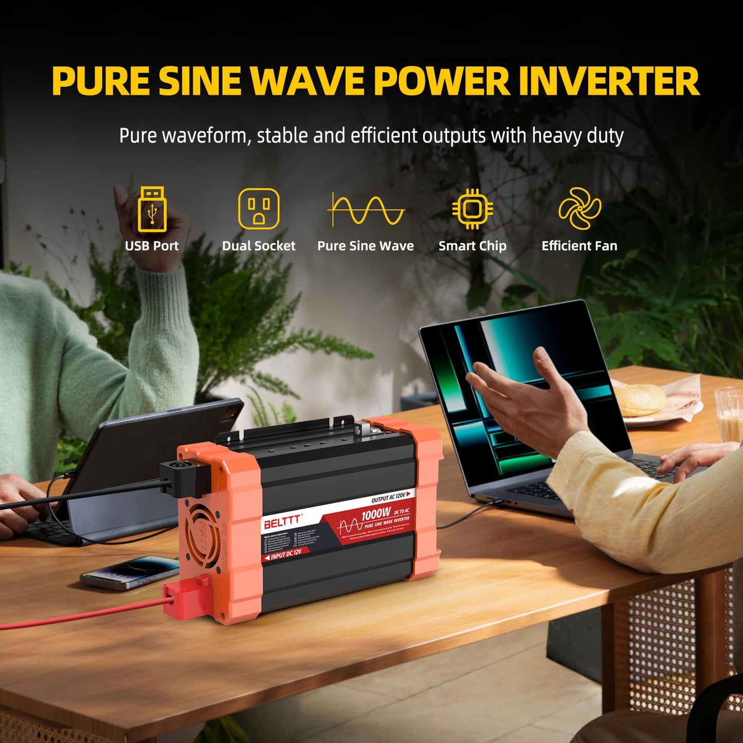 BELTTT 1000Watt Pure Sine Wave Inverter 12V DC to 120V AC for RV, Truck, Off-Grid Solar Car Power Inverter 12V to 110V Converter with Dual AC Socket and 5V 2.1A USB, Intelligent LCD, 2000W Peak