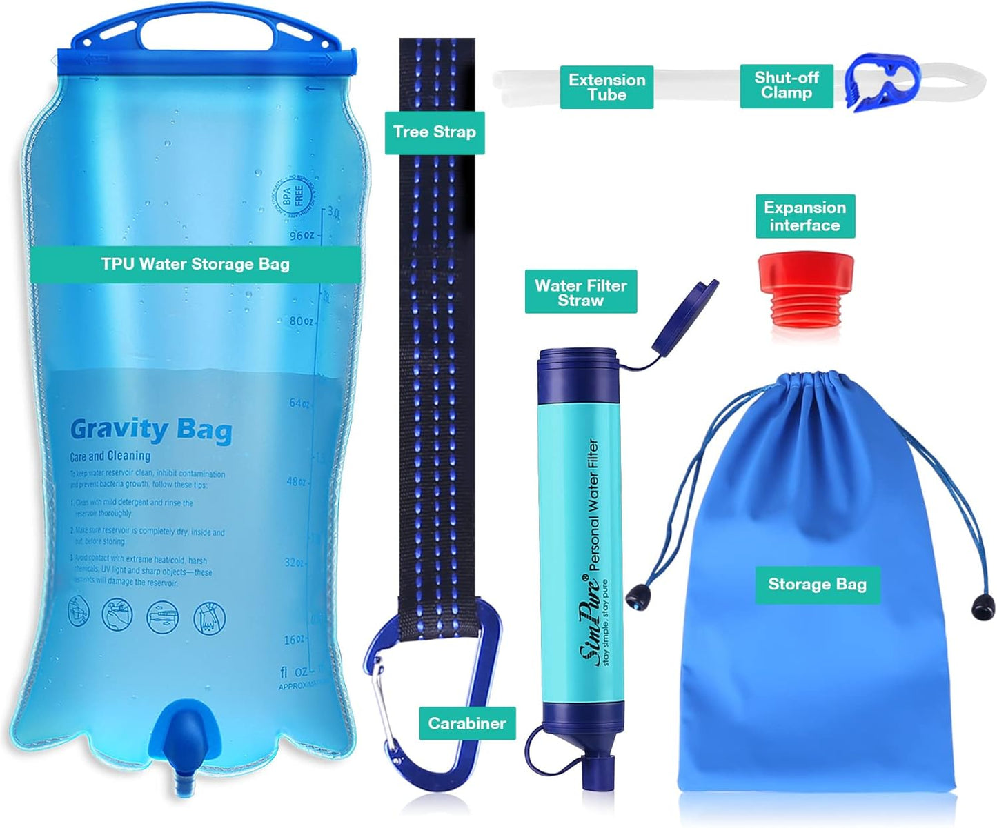 SimPure Gravity Water Filter, Portable Gravity-Fed Water Purifier with 3L Gravity Bag, Tree Strap, BPA Free Survival Gear and Equipment for Camping Hiking Emergency Preparedness
