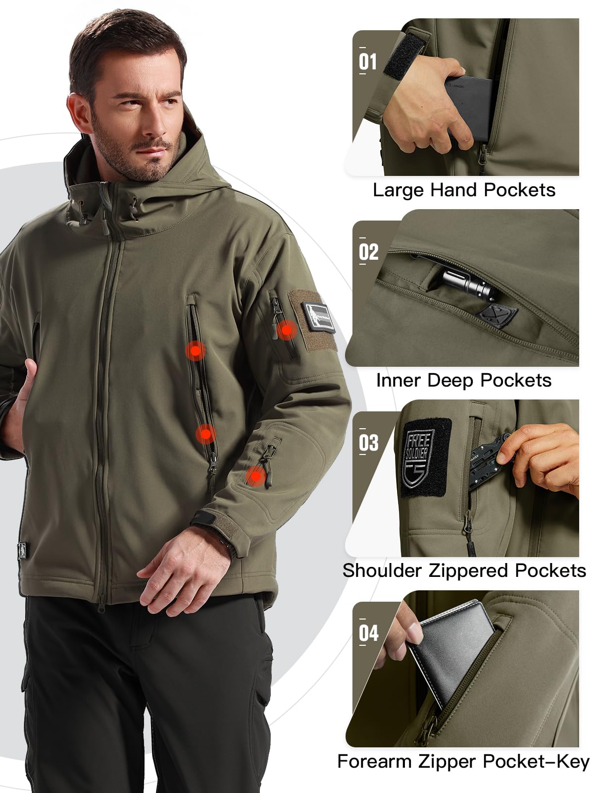 FREE SOLDIER Men's Outdoor Waterproof Soft Shell Hooded Military Tactical Rain Jacket (Green, 4XL)