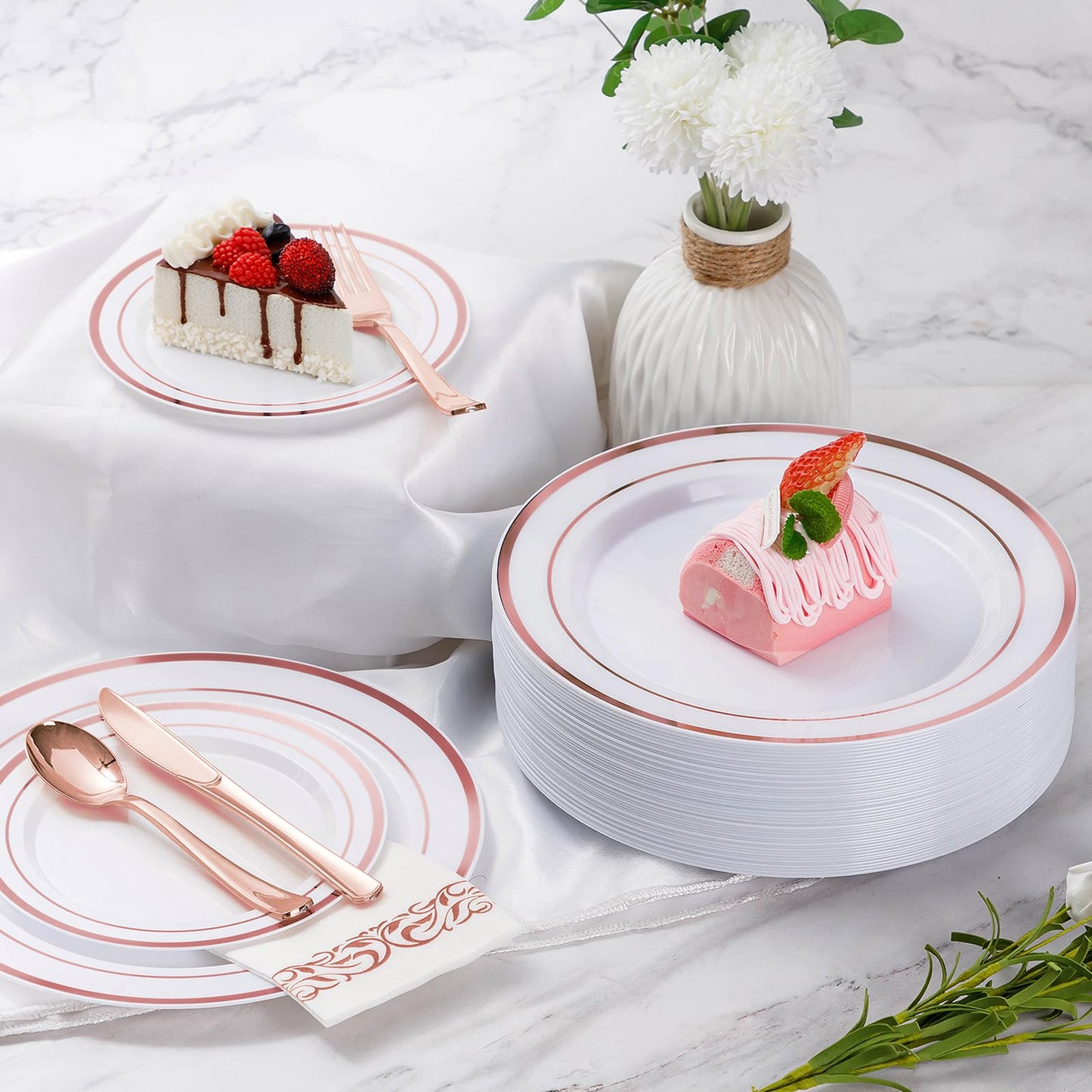 Goodluck 700 Piece Silver Dinnerware Set for 100 Guests, Disposable Plastic Plates for Party, Include: 100 Dinner Plates, 100 Dessert Plates, 100 Paper Napkins, 100 Cups, 100 Silverware set