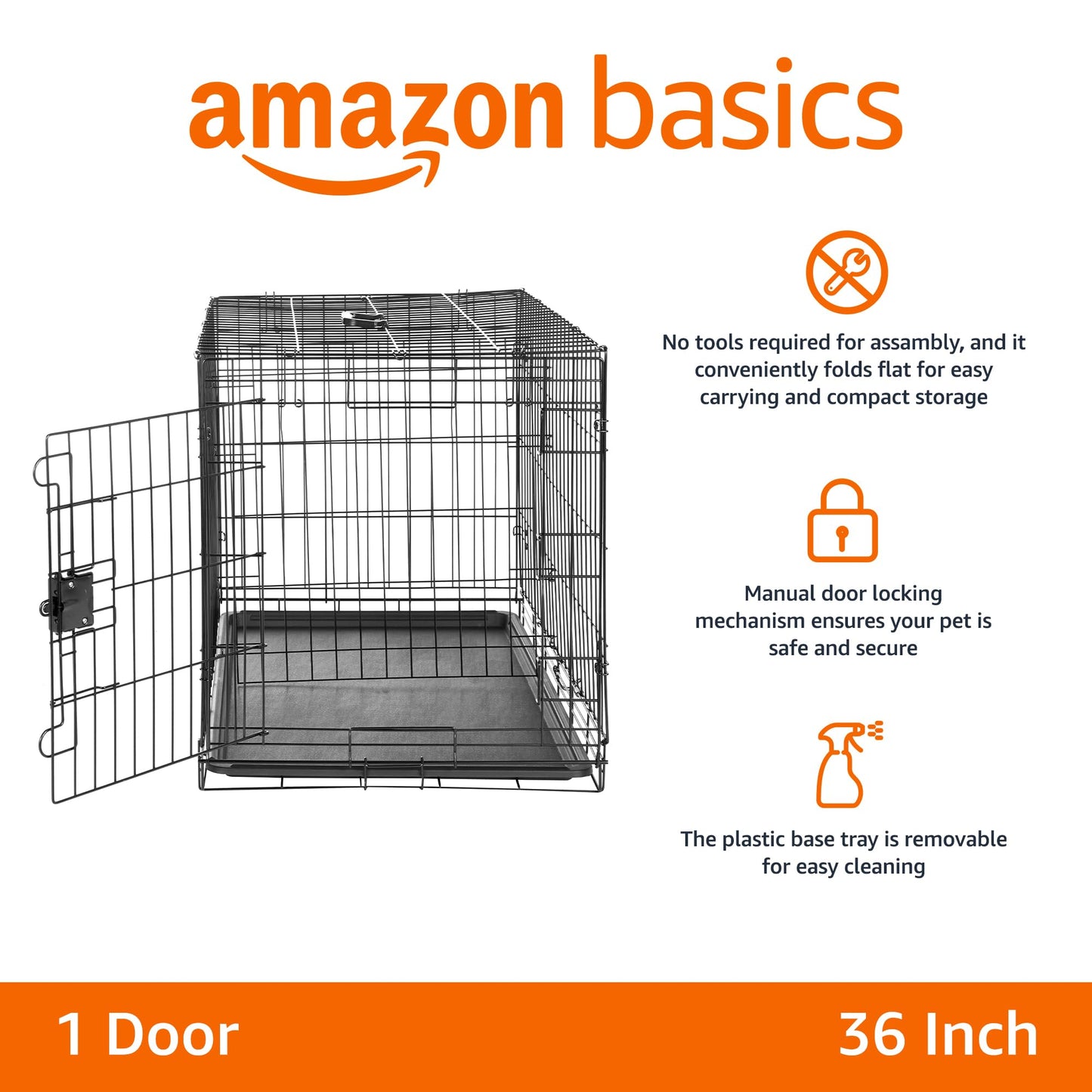 Amazon Basics Portable Metal Wire Dog Crate with Removable Tray, Single Door with Divider Panel, Foldable, Collapsible, Easy to Assemble & Clean, 36" x 23" x 25", Black