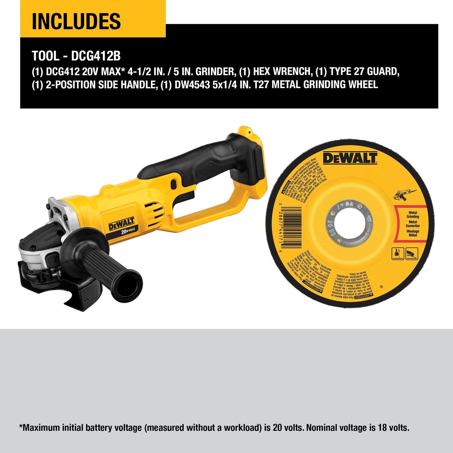 DEWALT 20V MAX* Angle Grinder Tool Cordless Brushless, 4 1/2 Inch, with Paddle Switch and Kickback Brake, Tool Only (DCG413B)