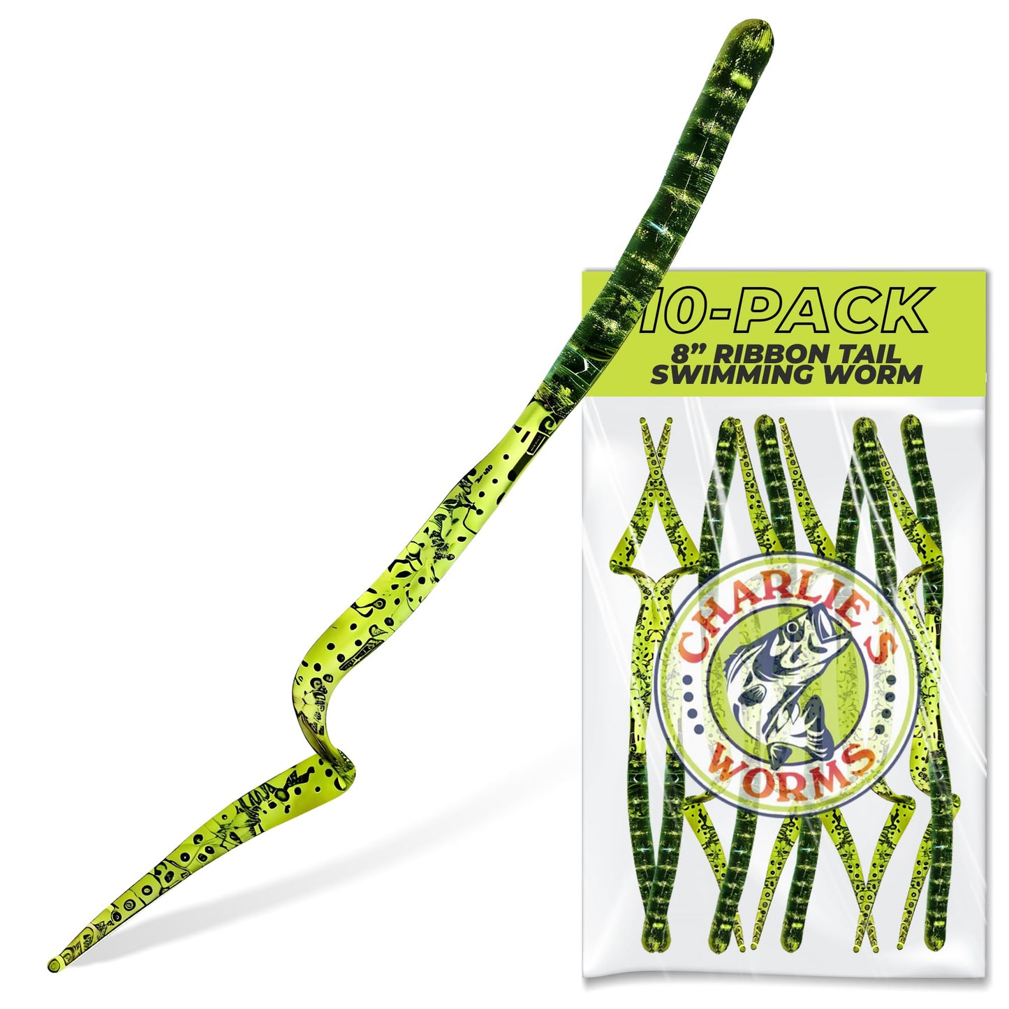 Charlie's Worms Artificial Fishing Bait 8" Ribbon Tail Swimming Worm, Freshwater Saltwater Bass Soft Lures Scented 10pk