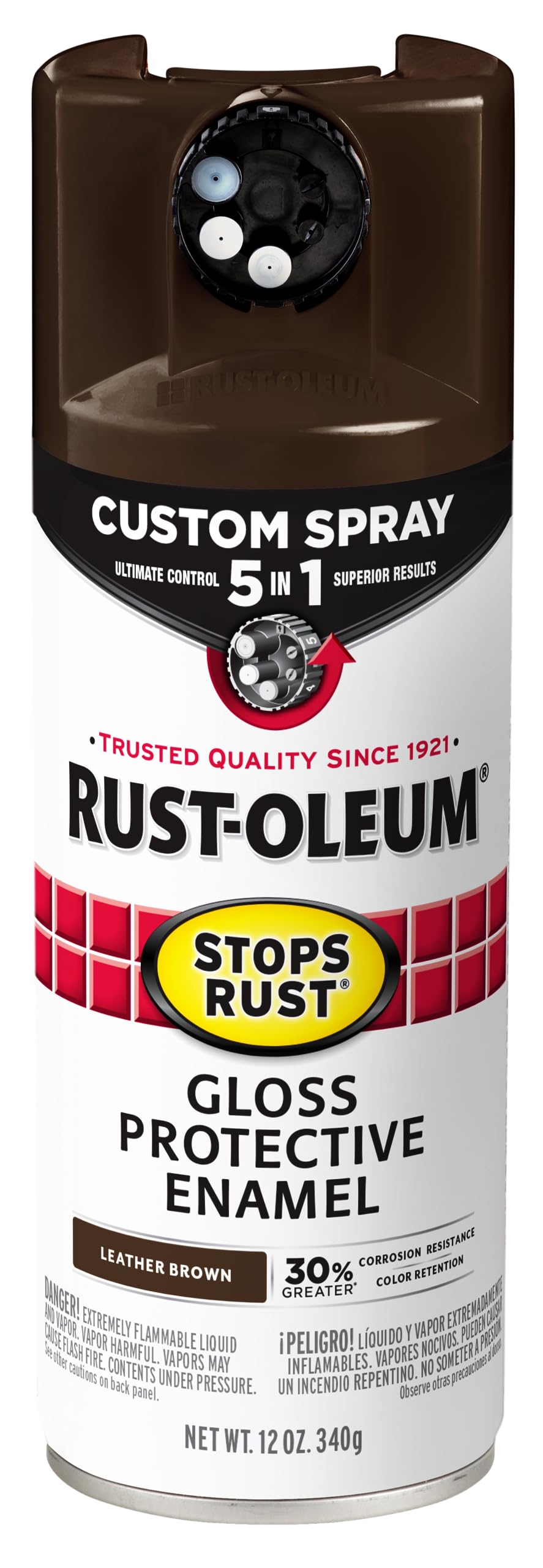 Rust-Oleum 376892 Stops Rust Custom Spray 5-in-1 Spray Paint, 12 oz, Gloss Leather Brown