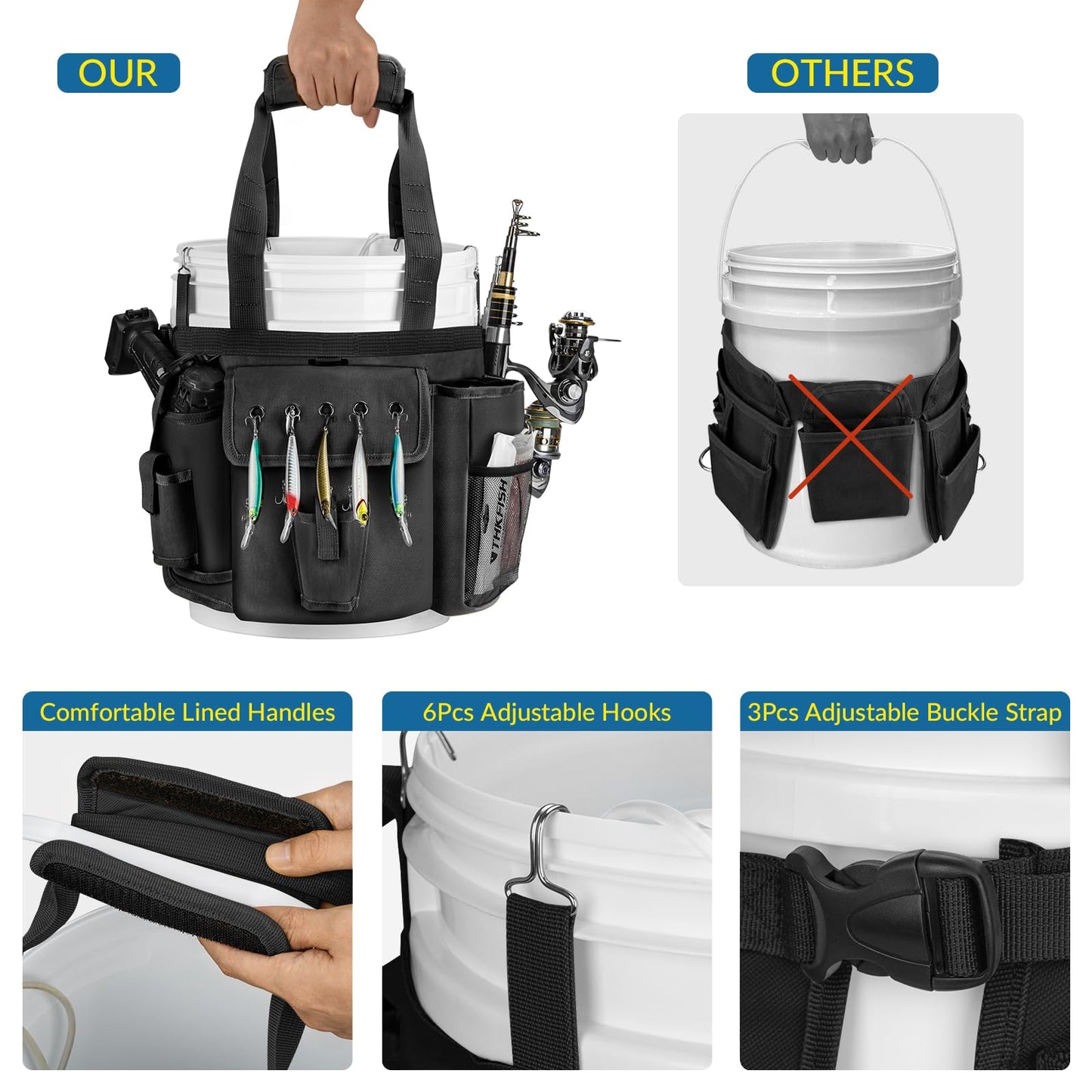 THKFISH Fishing Bucket Organizer for 5 Gallon Bucket, Ice Fishing Bucket Bag with Rod & Plier Holder, Adjustable Fish Protection Bucket Bag with Multi-Pockets for Fishing Gear