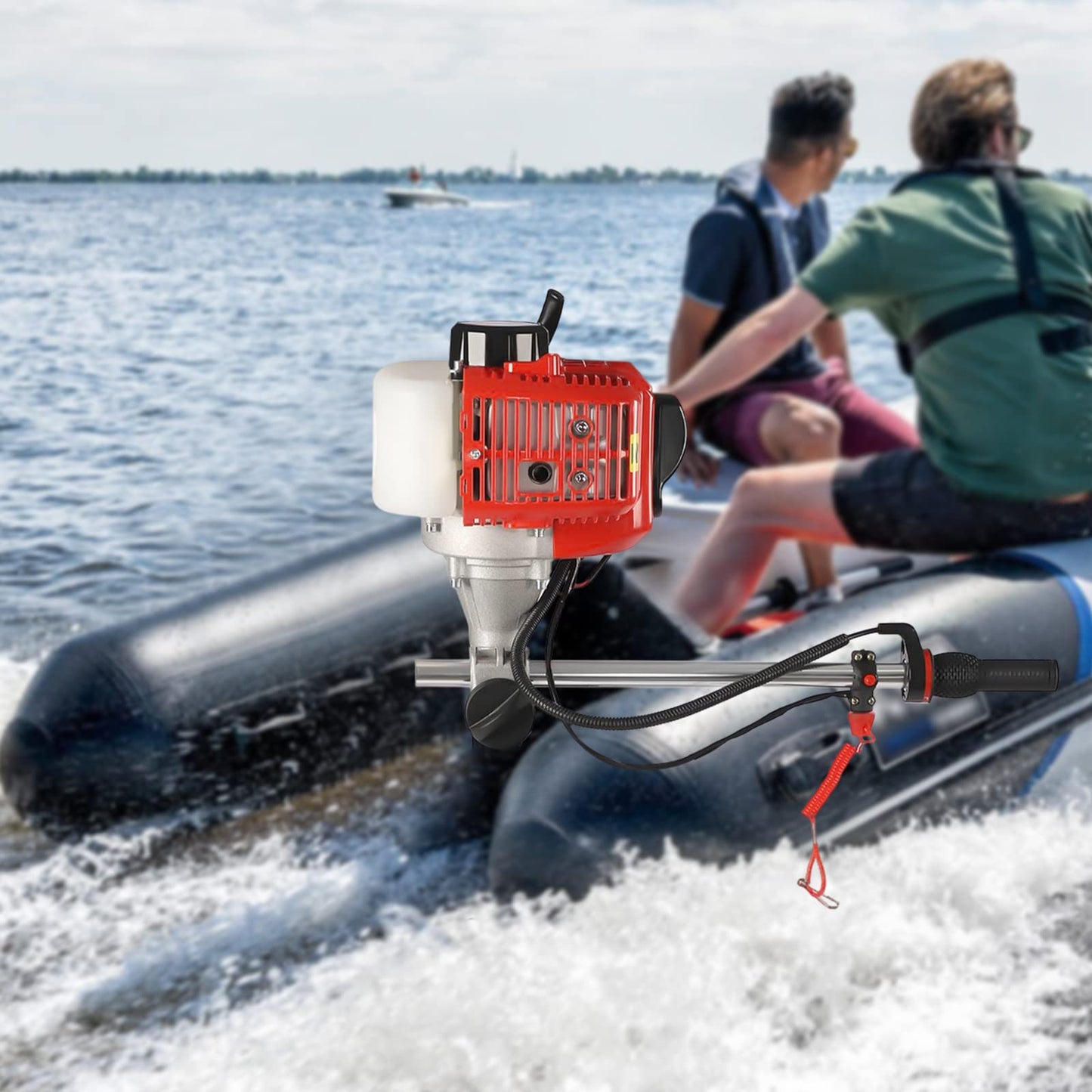6HP Heavy Duty Outboard Motor, 170cc 4 Stroke Gas Outboard Boat Motor Engine with Air Cooling System, 3.2KW Single Cylinder Fishing Boat Engine for 3-7m Length