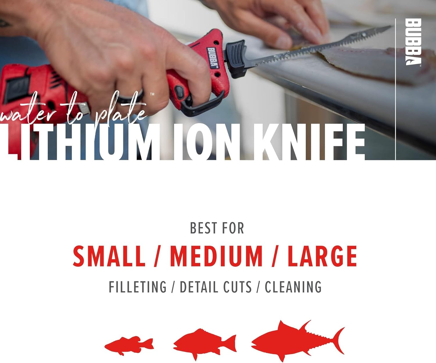 BUBBA Li-Ion Cordless Electric Fillet Knife with Non-Slip Grip Handle, 4 Ti-Nitride S.S. Coated Non-Stick Reciprocating Blades, Charger and Case for Fishing