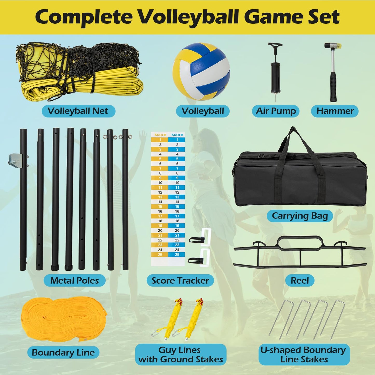 GYMAX Volleyball Net, Portable Volleyball Set with Adjustable Poles & Anti-Sag Design, Includes Beach Stakes, Scoreboard, Boundary Line and Carry Bag for Outdoor Backyard Beach Grass (Yellow)