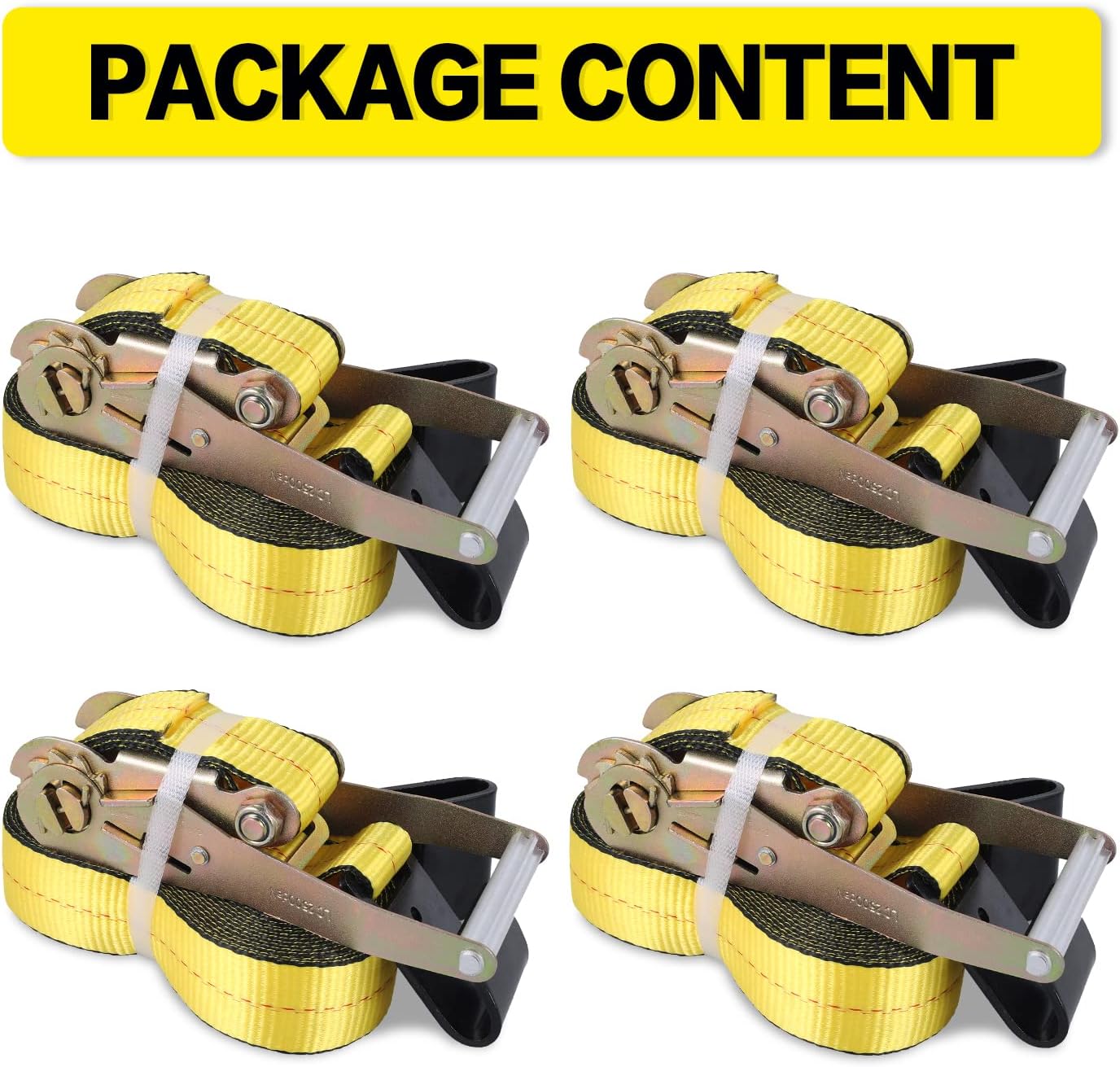 Flat Hook Ratchet Straps-Tie Down Straps Heavy Duty-2 Inch x 27 Feet-Weather Resistant Strap -3,333 Pound Working Load Limit-for Flatbed, Truck, Trailers Pickup(4 Pack) Yellow
