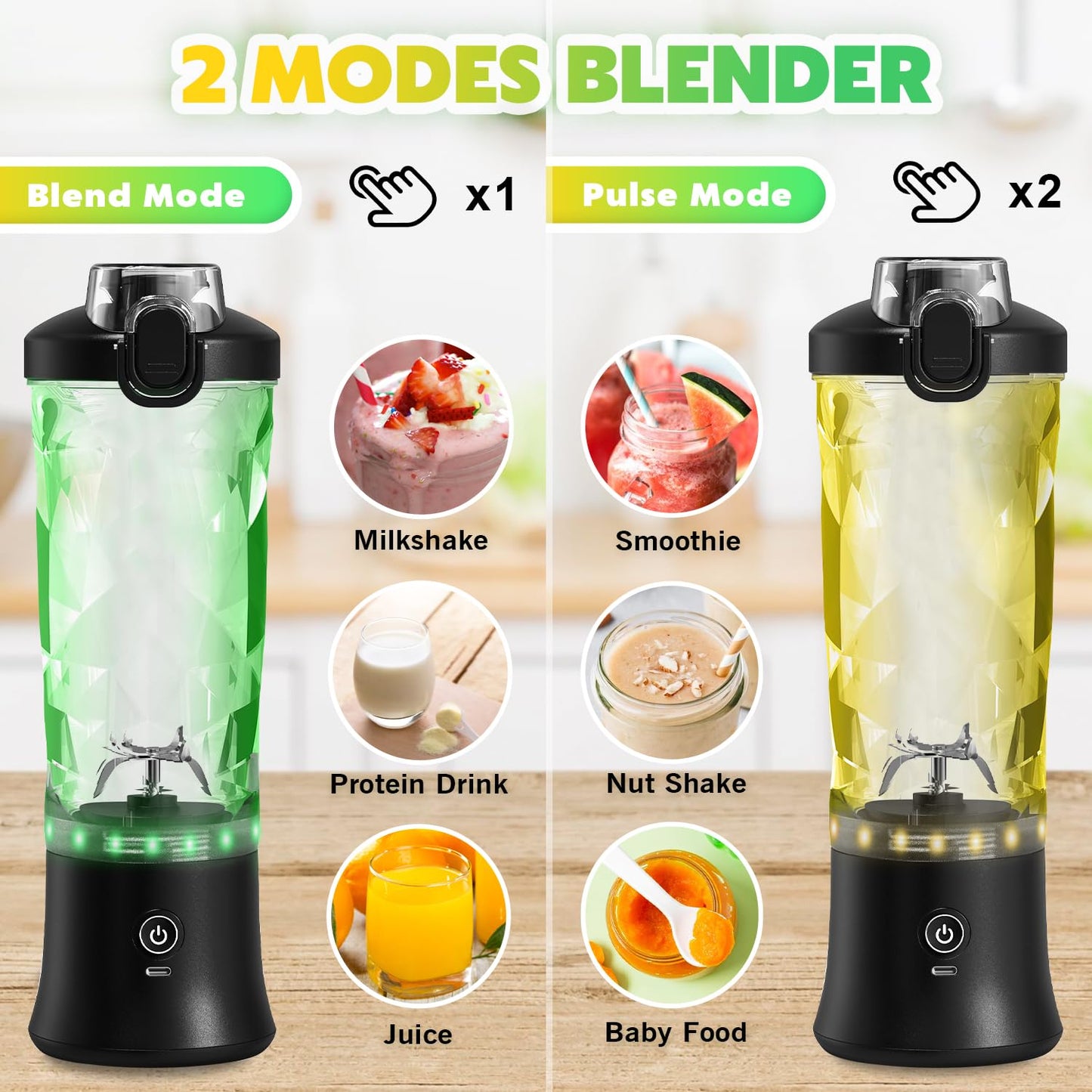 Portable Blender with Insulated Carrying Case & Recipe Book for Shakes and Smoothies, 24 OZ Personal Juicer Electric Protein Shaker Bottle, Mini Small Blender Cup with USB-C Rechargeable, Travel Lid