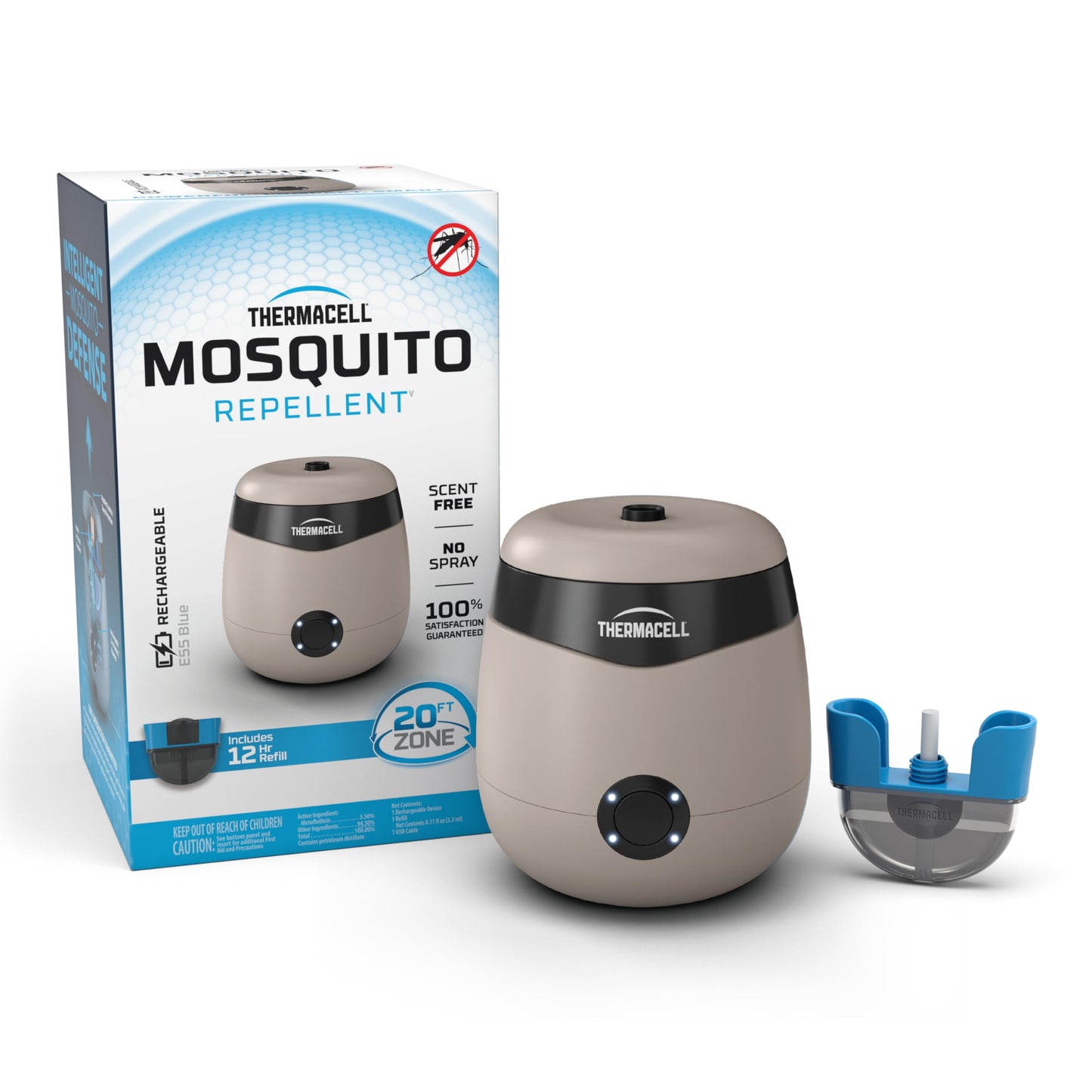 Thermacell Mosquito Repellent E-Series Rechargeable Repeller; Patio Shield 20’ Mosquito Protection Zone; Includes 12-Hr Repellent Refill; No Flame or Scent; Bug Spray and Bug Zapper Alternative