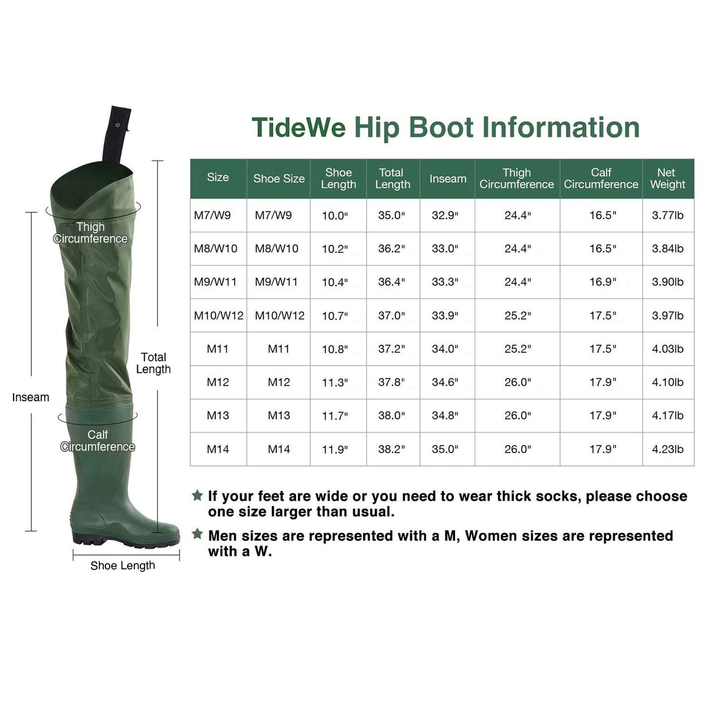 TIDEWE Lightweight Hip Boot for Men and Women, 2-Ply PVC/Nylon Fishing Wader (Green and Brown)