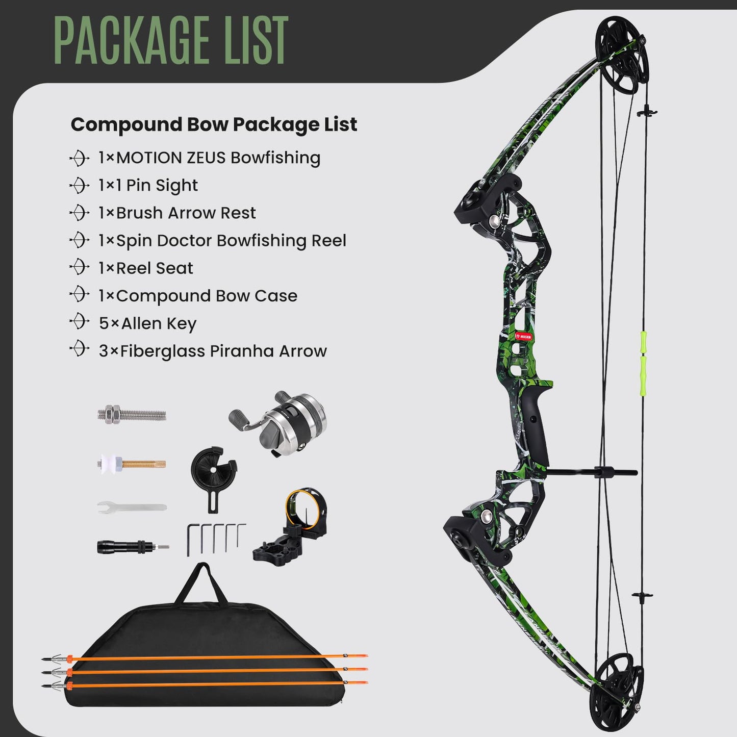 Bowfishing Bow Kit with 3 Arrows 15-45 LBS Draw Length 18"-29.5", Fishing Reel Hunting Shooting Fish for Compound Bow Right Hand,Fully Adjustable