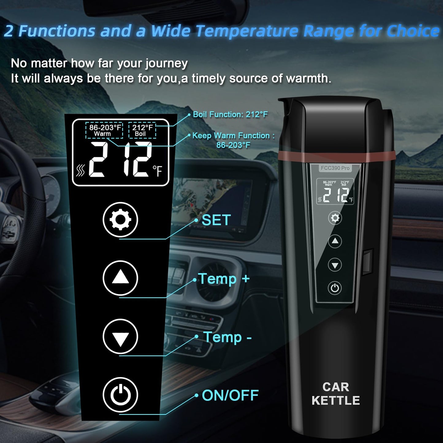 Car Electric Kettle: 12V/24V Portable Water Boiler Heated Travel Mug,Multiple Temperature Adjustable Coffee Tea Truck Cup with 304 Stainless Steel Dry Burn Protection & Handy Cup Bag