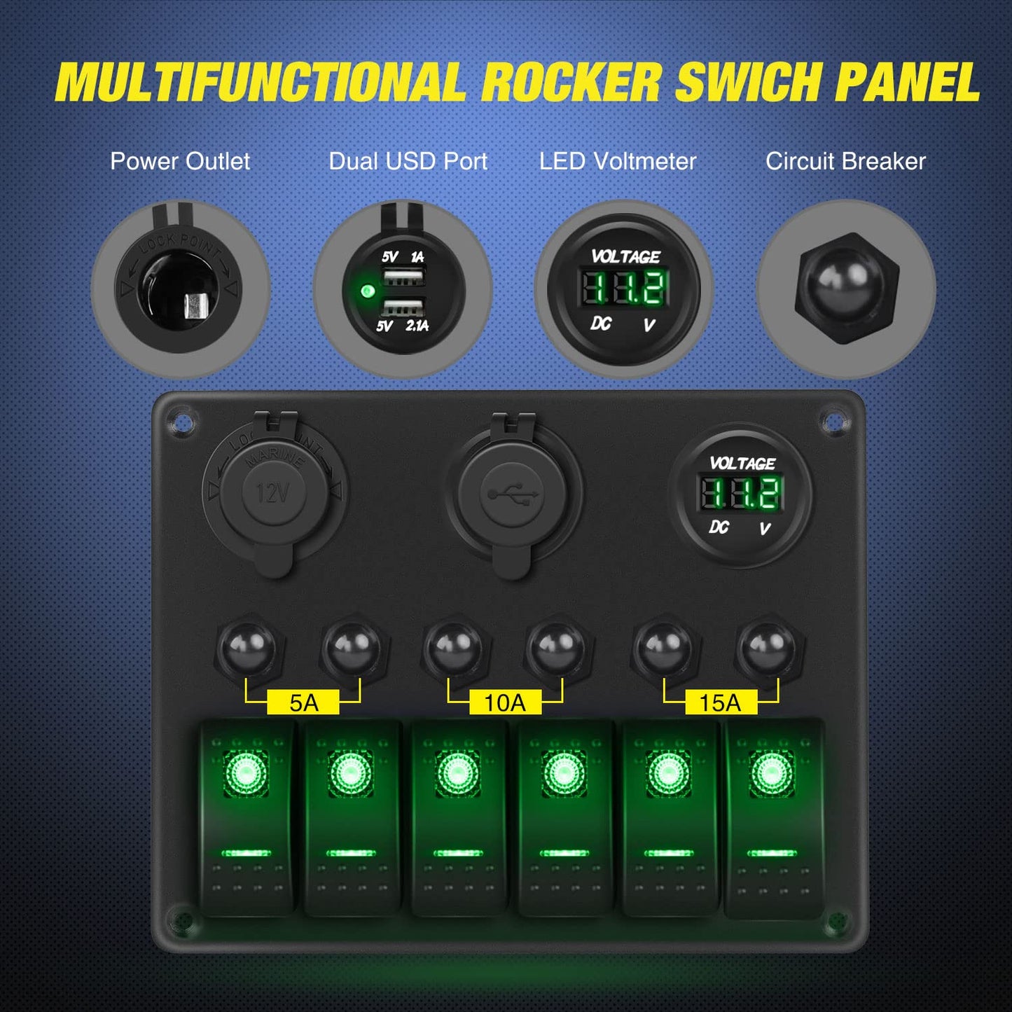 Nilight - 90123F 6 Gang ON Off Rocker Switch Panel Green Backlit 12V24V LED Digital Voltmeter Dual USB Charger Cigarette Lighter Socket Overload Protection Switch Panel For Cars RVs Boats