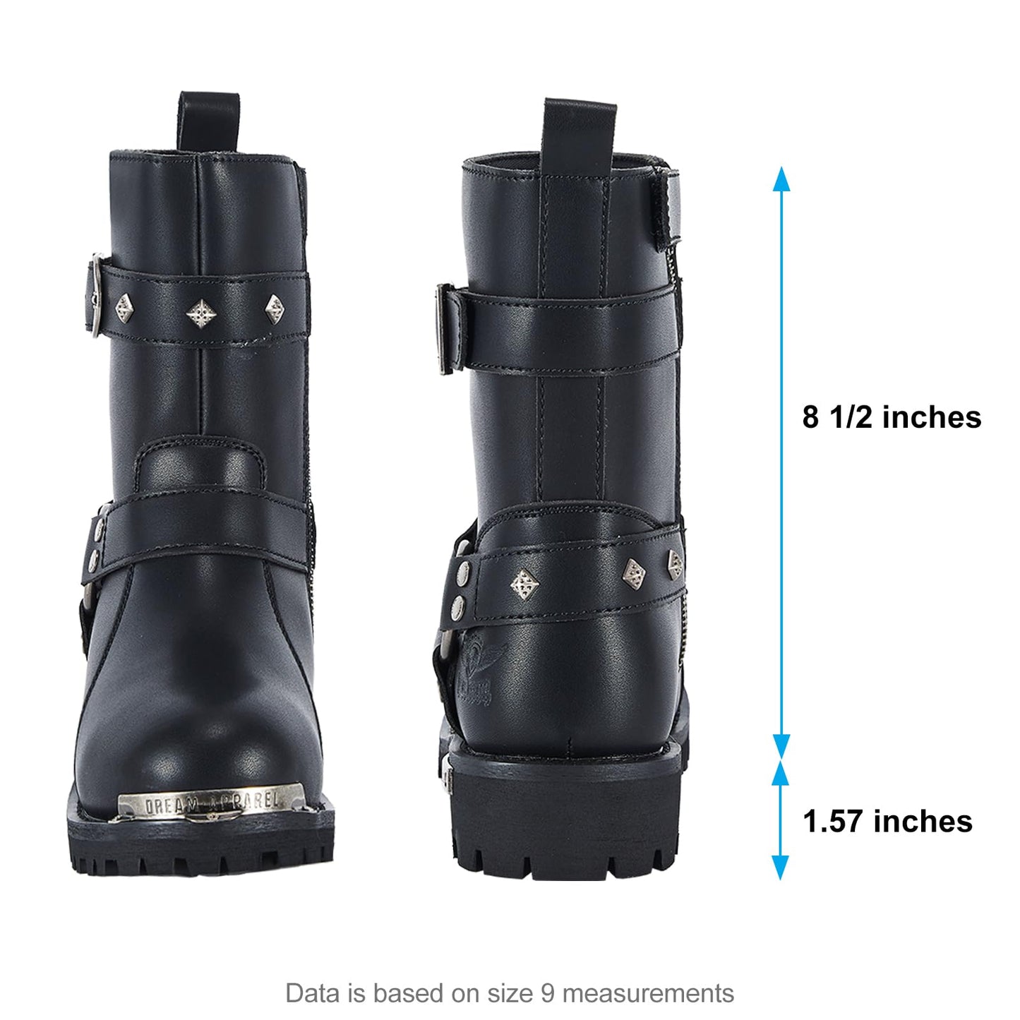 Dream Apparel Women PU Leather Harness Motorcycle Boots for Riding Waterproof Studded Biker Boots with Side Zipper & Buckle, Black Engineer Combat Mid-Calf Footwear