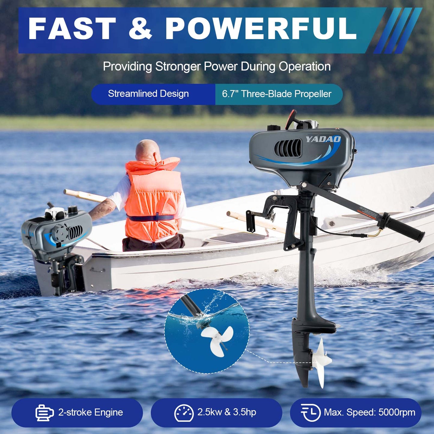 Outboard Motor Boat Engine, 2 Stroke Heavy Duty Fishing Boat Engine 3.5HP Gas Trolling Motor with Water Cooling CDI System for Rubber Boats, Inflatable Boats, Sailboats