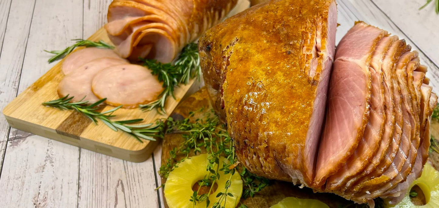 HOLIDAY HAM CO. Holiday Honey Glazed Spiral Sliced Gourmet Ham. 8.5-9.5 pounds. Serves 14-16.
