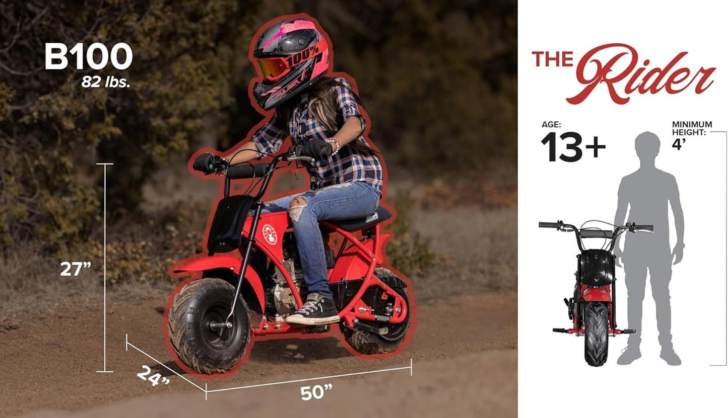 Coleman Powersports B100 105cc Gas Powered Minibike for Kids and Adults, 1-Cylinder, 4-Stroke, 22 Mph, 150 lbs Maximum Load, Ideal for Off-Road and Trail Riding