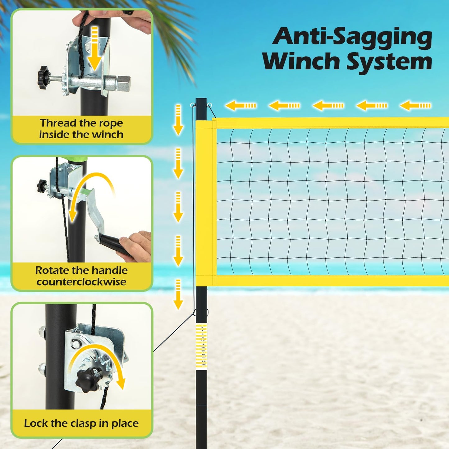 GYMAX Volleyball Net, Portable Volleyball Set with Adjustable Poles & Anti-Sag Design, Includes Beach Stakes, Scoreboard, Boundary Line and Carry Bag for Outdoor Backyard Beach Grass (Yellow)
