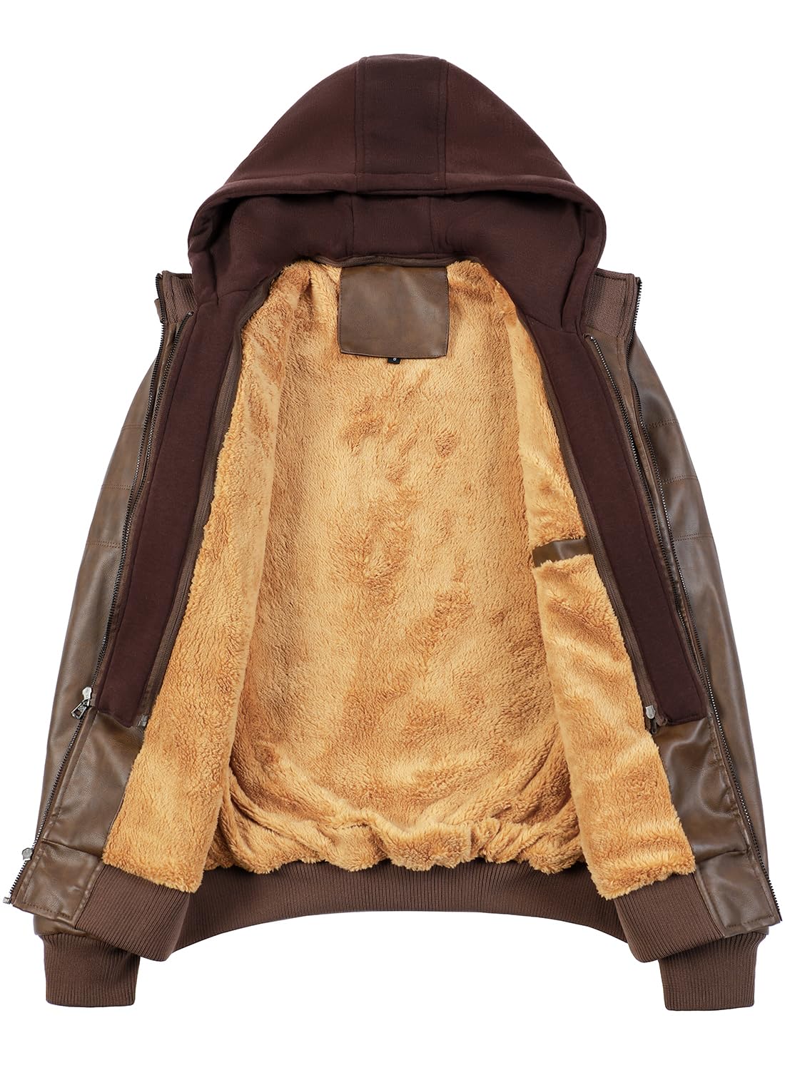 HOOD CREW Men’s Casual Stand Collar PU Faux Leather Zip-Up Motorcycle Bomber Jacket With a Removable Hood