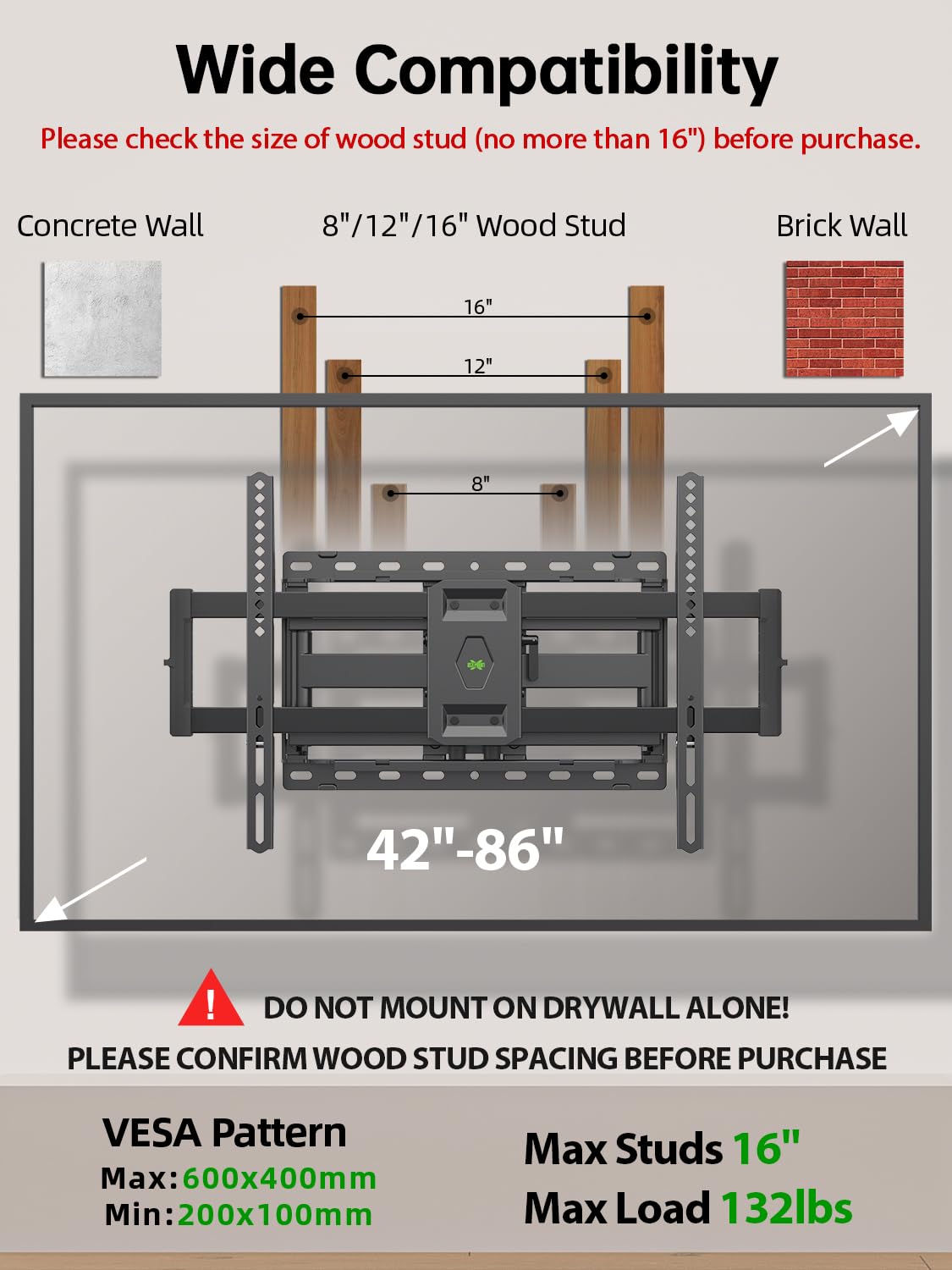 USX Mount Full Motion TV Wall Mount for Most 42-86 inch Flat Screen/LED/4K, TV Mount Bracket Dual Swivel Articulating Tilt 6 Arms, Max 16" Wood Studs, VESA 600x400mm, Holds up to 132lbs