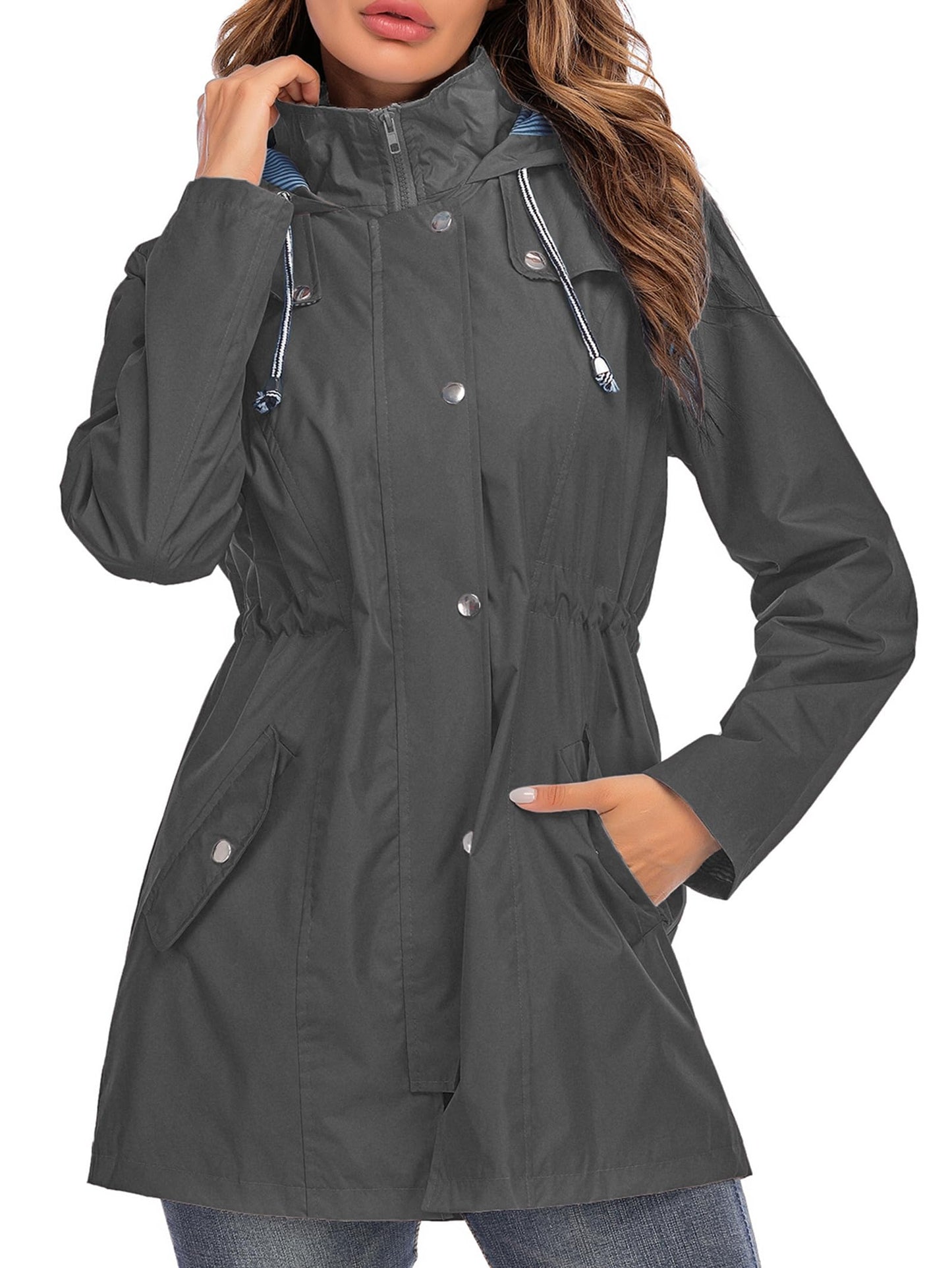 Rain Jacket Women Striped Lined Hooded Lightweight Raincoat Outdoor Waterproof Windbreaker