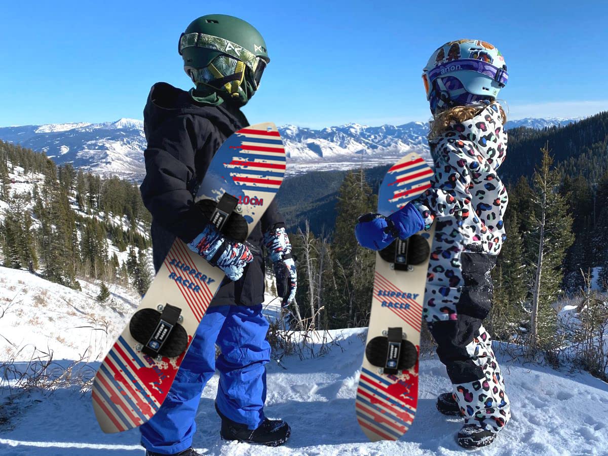 Slippery Racer Kids Hardwood Snowboard with Velcro Binding in Various Sizes (110 CM-Red/Blue)