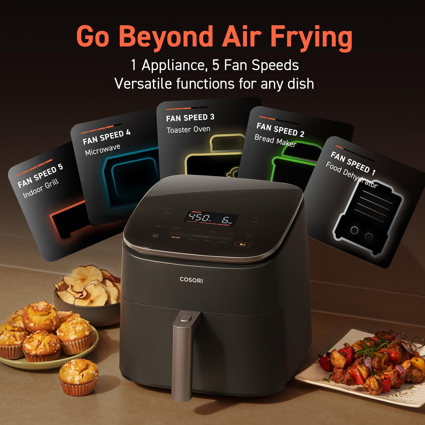 COSORI Air Fryer 9-in-1, Compact & Large 6-Qt, Fast Turbo Modes, 90โ450ยฐF Precise Heat for Even Results, Up to 95% Less Oil*, Roast, Bake, Dry, Reheat, Frozen, Broil, Proof, 120V, TurboBlaze, Grey