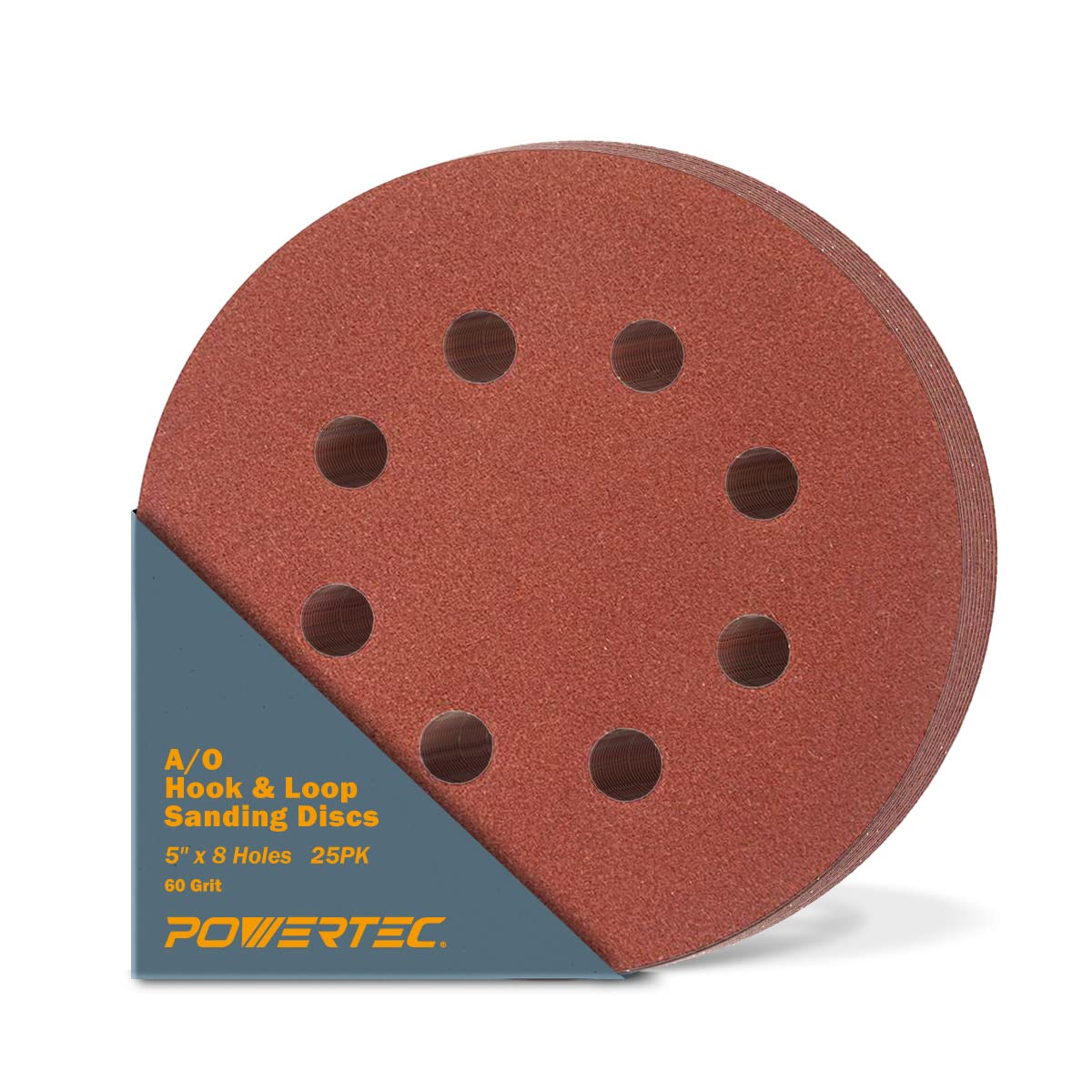 POWERTEC 100PK, 40/80/120/220/320 Grits, 5 Inch 8 Hole Hook and Loop Sanding Discs, Aluminum Oxide Sandpaper Discs, Woodworking Sanding Pads for Random Orbital, Palm, Air & Pneumatic Sander (45000)