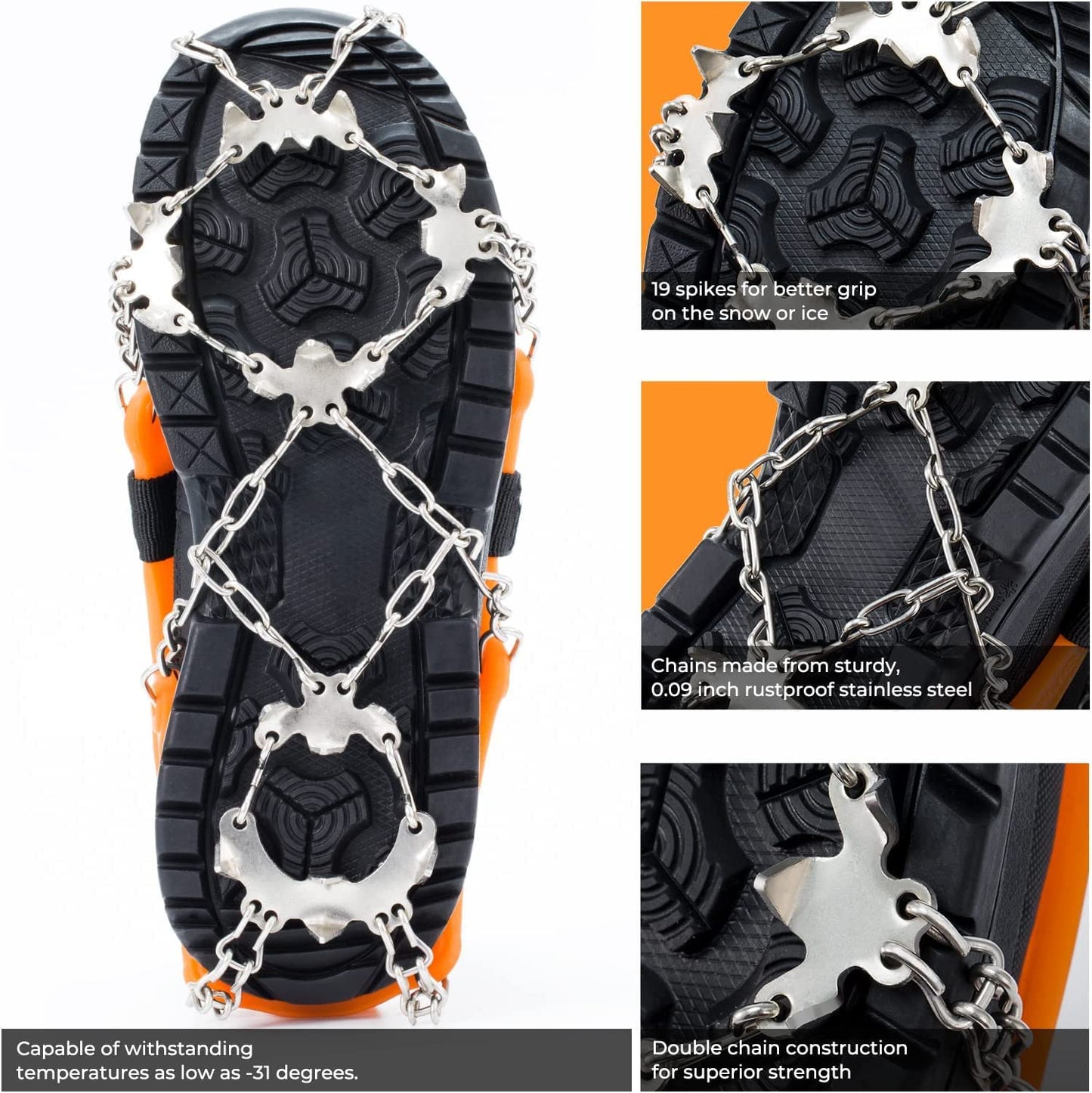 Sportneer Crampons, Traction Cleats Ice Snow Grips with 19 Stainless Steel Spikes, Ice Cleats Traction Snow Grips for Boots Shoes, Crampons Ice Cleats for Women Men Hiking Jogging Climbing And Fishing