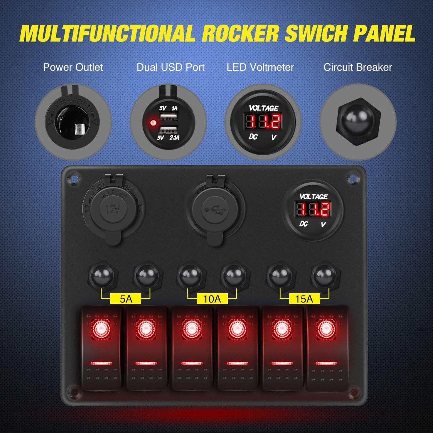 Nilight - 90123F 6 Gang ON Off Rocker Switch Panel Green Backlit 12V24V LED Digital Voltmeter Dual USB Charger Cigarette Lighter Socket Overload Protection Switch Panel For Cars RVs Boats