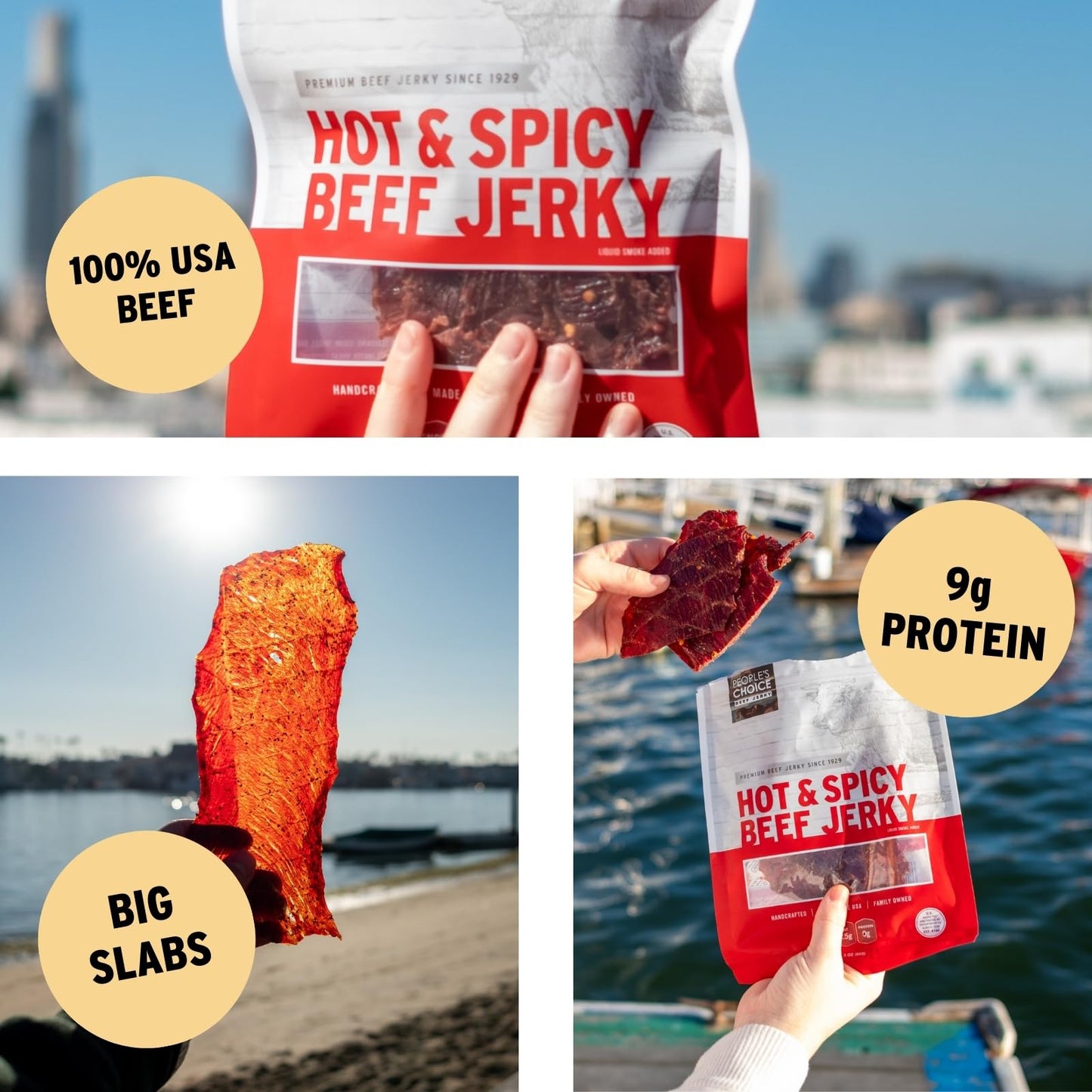 People's Choice Beef Jerky - Classic - Hot & Spicy - Big Slab - Whole Muscle Premium Cuts - Bulk Jerky Package - Thin Sheets - Low Sodium Low Salt High Protein Meat Snack - 15 Count, 1 Bag