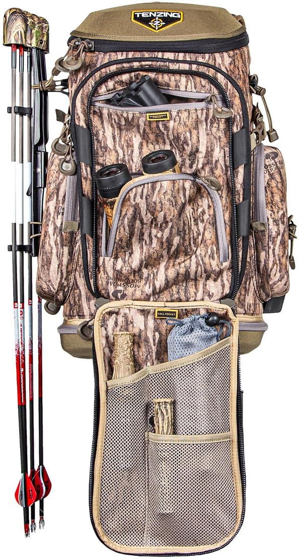 TENZING Hangtime Day Pack for Tree Stand Hunting, H2O Compatible EVA-Molded Durable Hunting Backpack with 7 Compartments & 15 Pockets, 1,600-cubic-inch Hunting Pack, Mossy Oak Bottomland