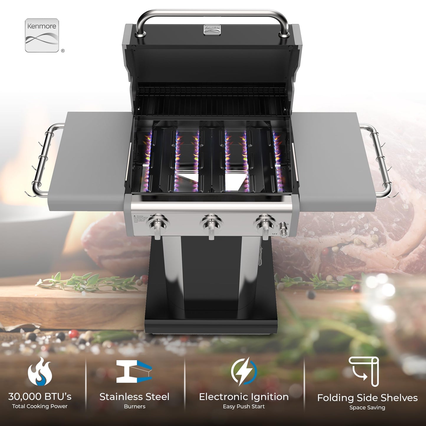 Kenmore 3-Burner Propane BBQ Grill, 30,000 BTUs Gas Grill with Cast Iron Cooking Grates, Folding Side Tables & Wheels, Outdoor Grill with Tool Hooks, Azure Blue